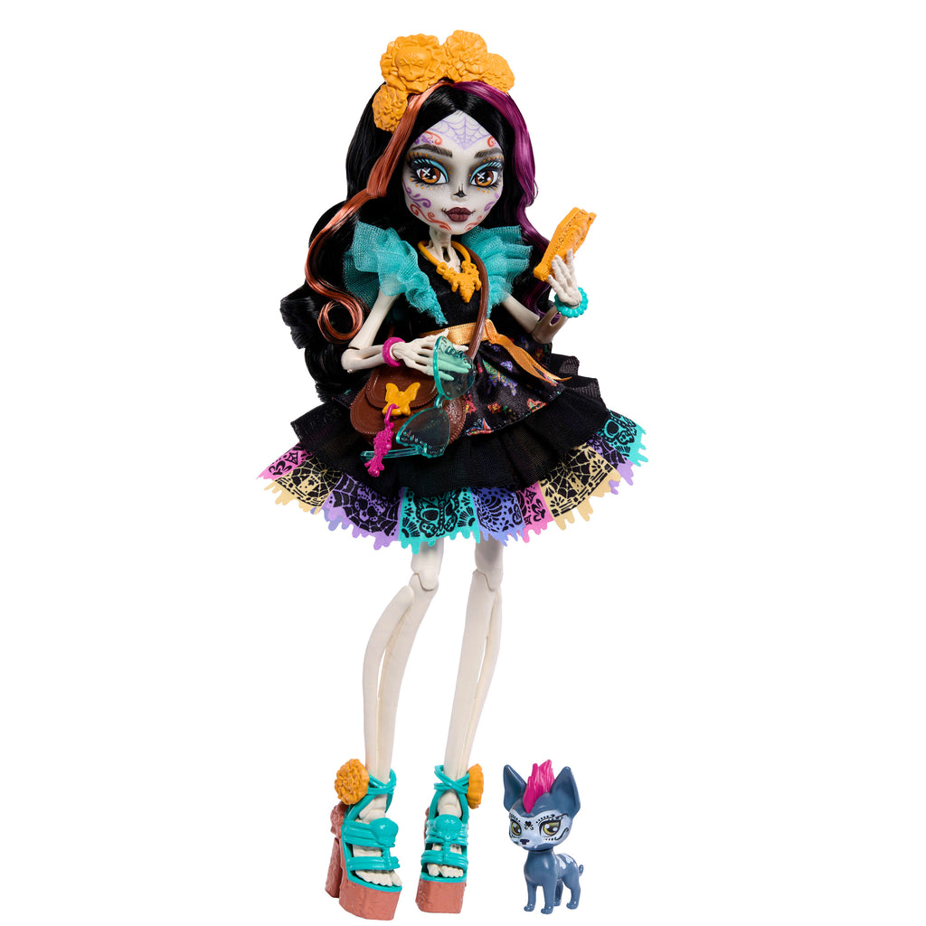 Fırfırlı elbise giyen Monster High Skelita Calaveras bebek, evcil dostu Candelita ve 7 aksesuar
