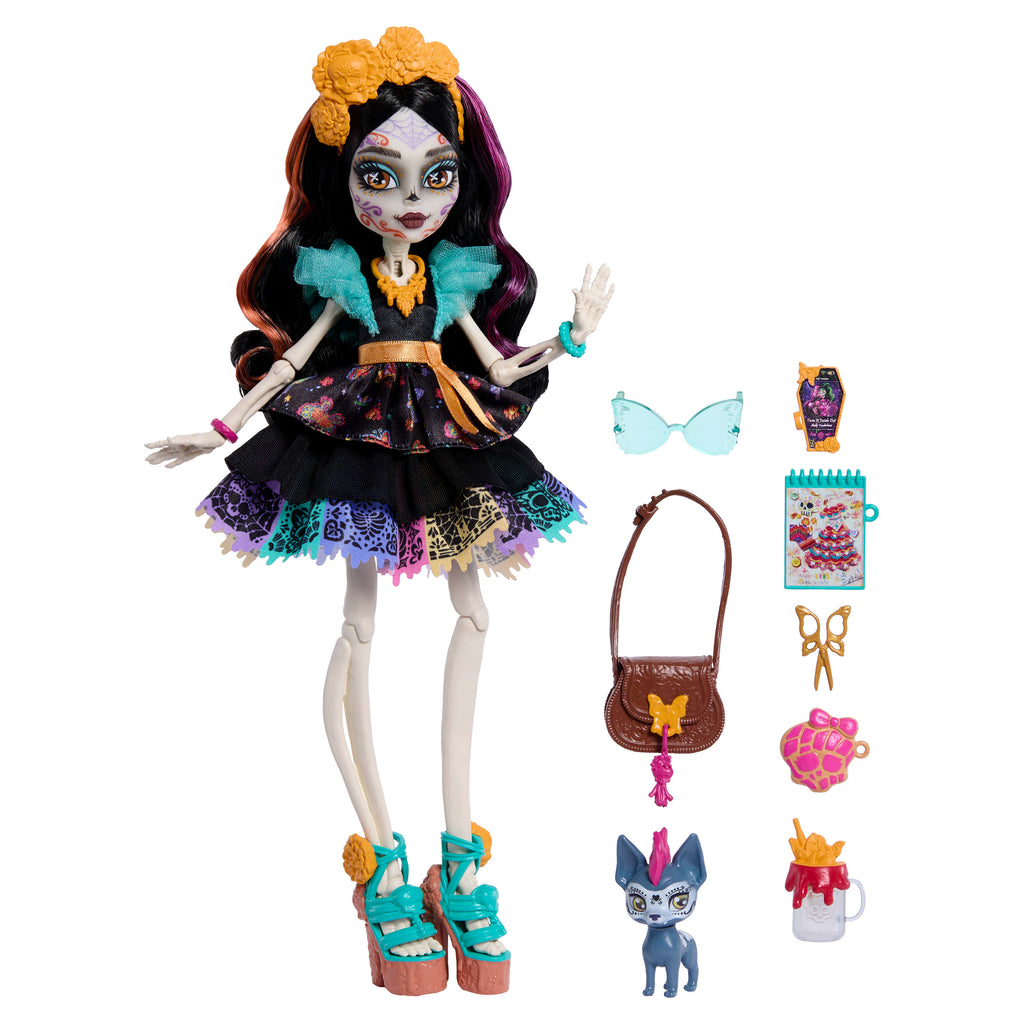 Fırfırlı elbise giyen Monster High Skelita Calaveras bebek, evcil dostu Candelita ve 7 aksesuar