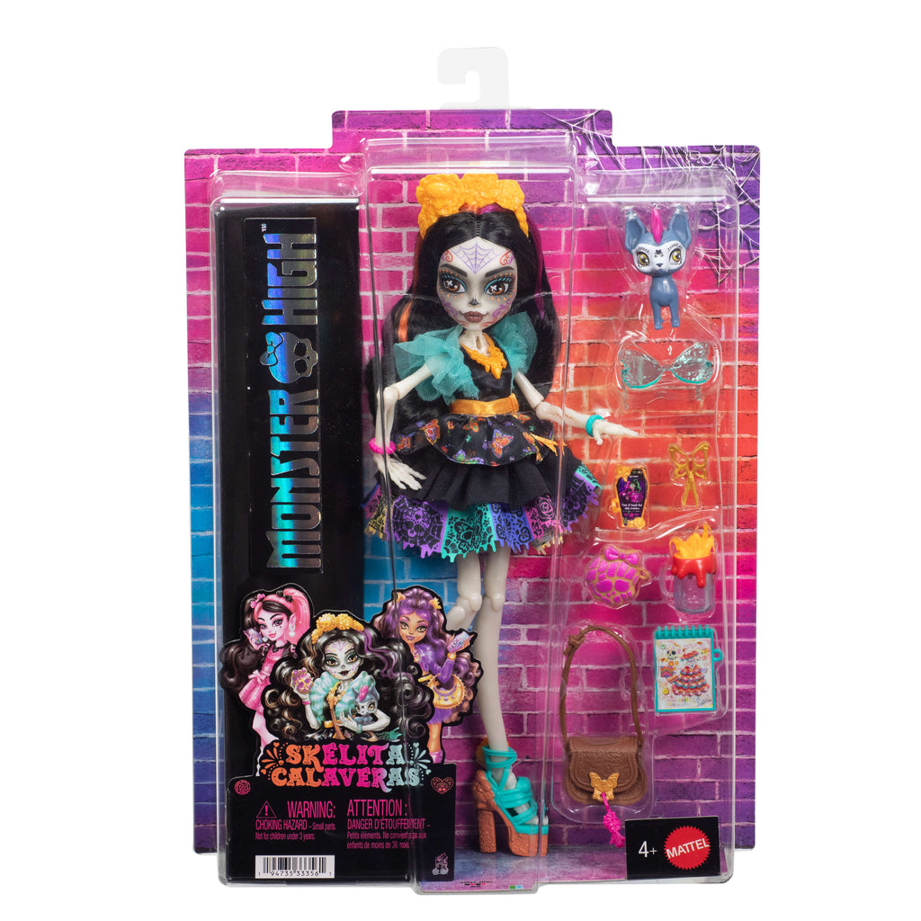 Fırfırlı elbise giyen Monster High Skelita Calaveras bebek, evcil dostu Candelita ve 7 aksesuar