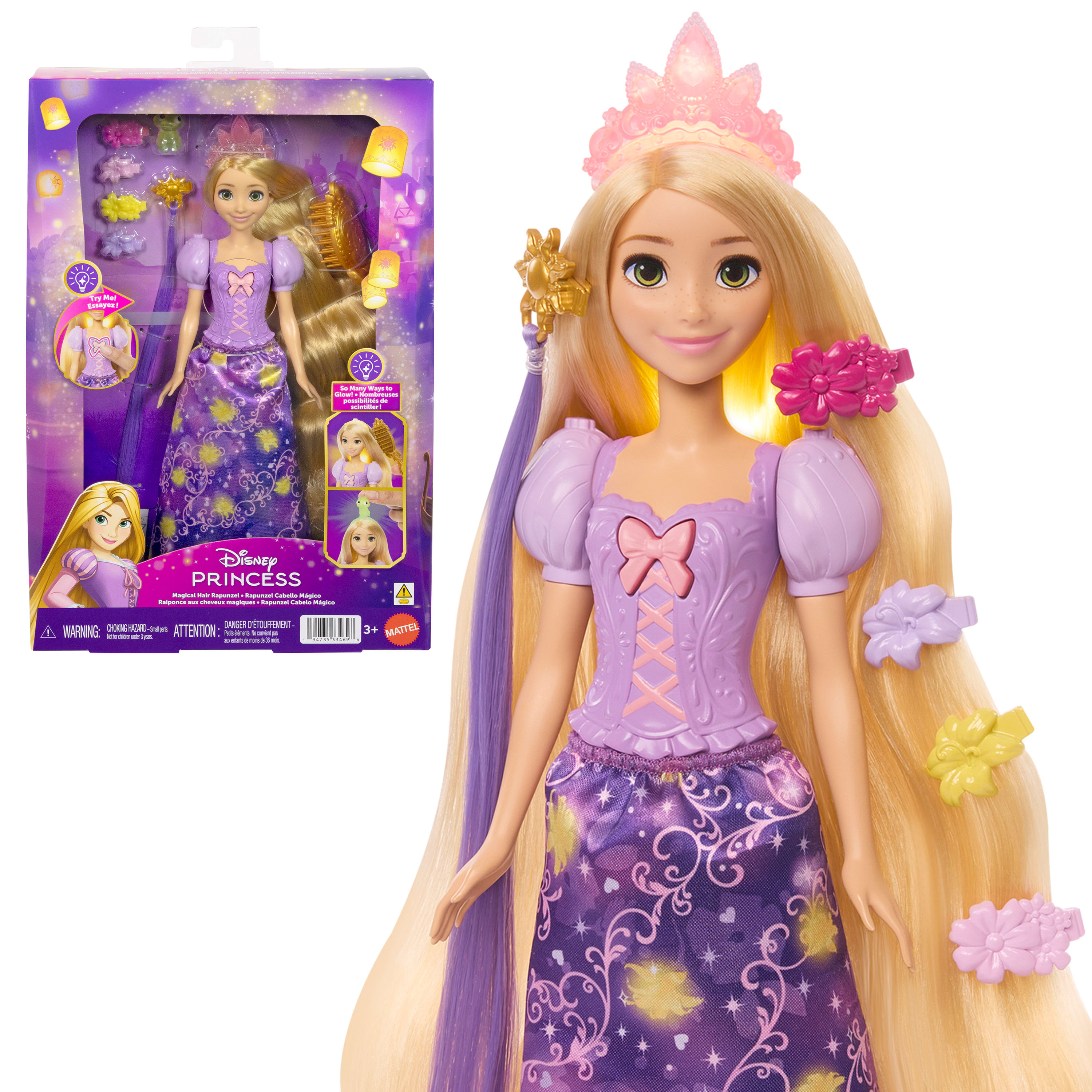 5 farklı şekilde ışık saçan Disney Prensesi Sihirli Saçlı Rapunzel bebek, Pascal figürü ve 7 aksesuar