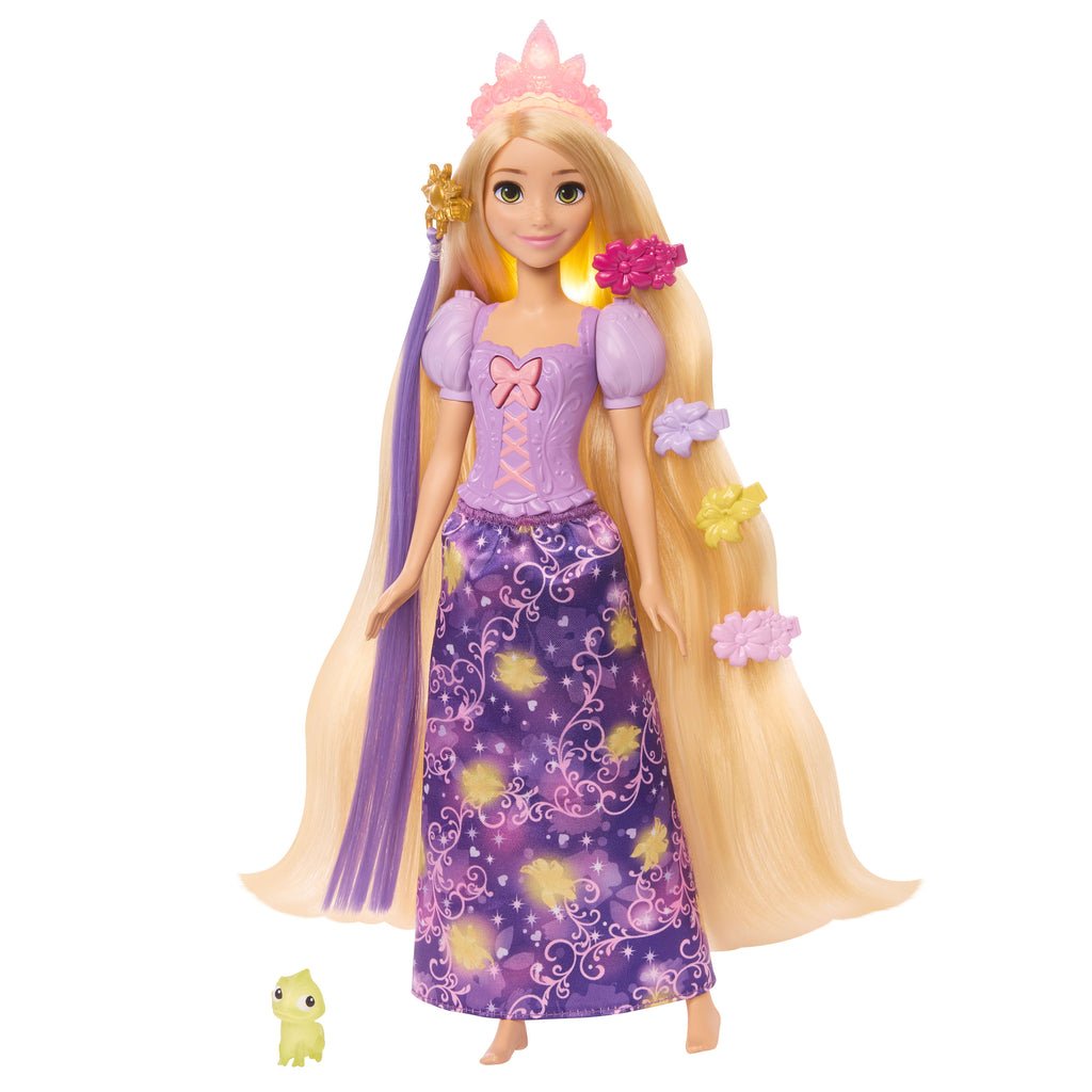 5 farklı şekilde ışık saçan Disney Prensesi Sihirli Saçlı Rapunzel bebek, Pascal figürü ve 7 aksesuar
