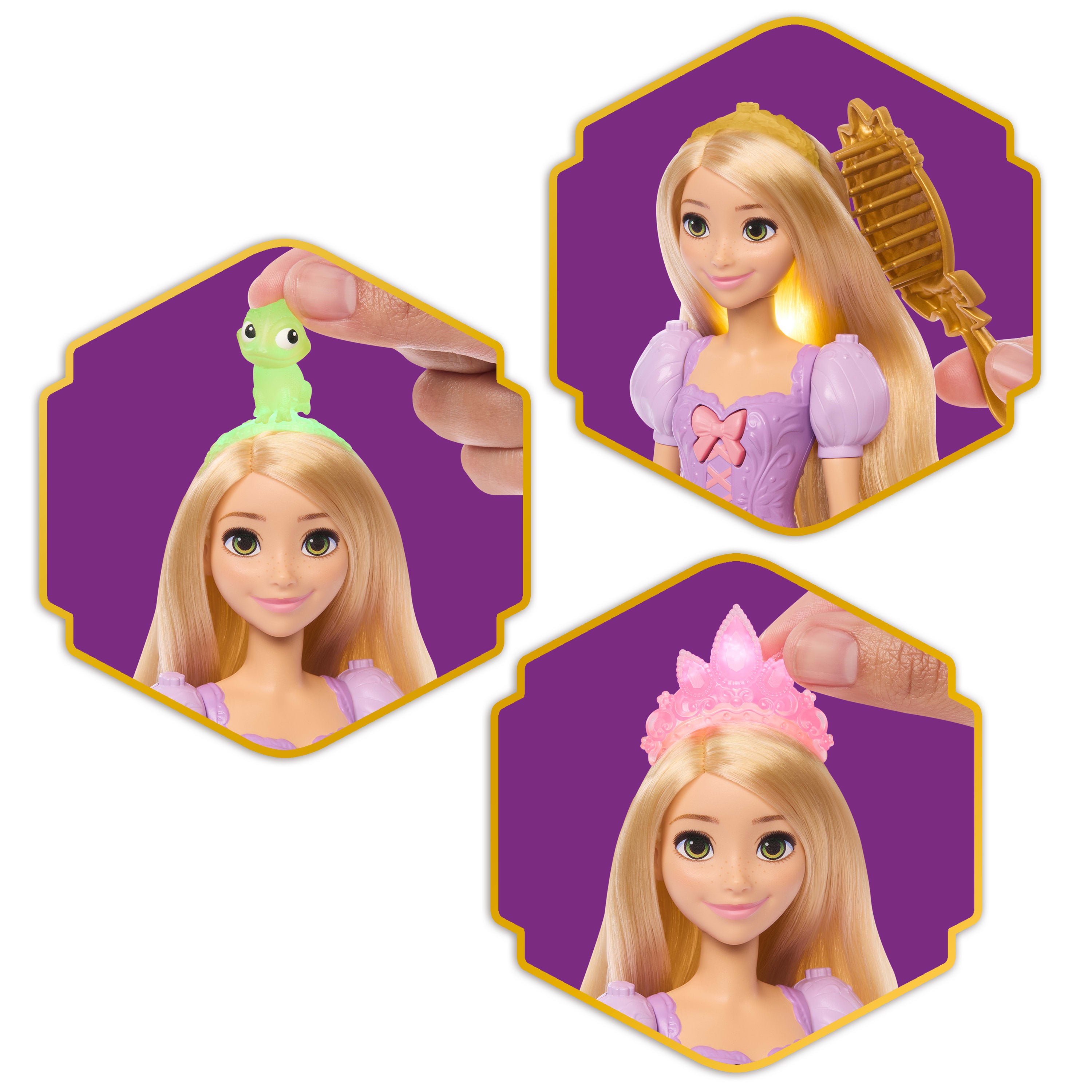 5 farklı şekilde ışık saçan Disney Prensesi Sihirli Saçlı Rapunzel bebek, Pascal figürü ve 7 aksesuar