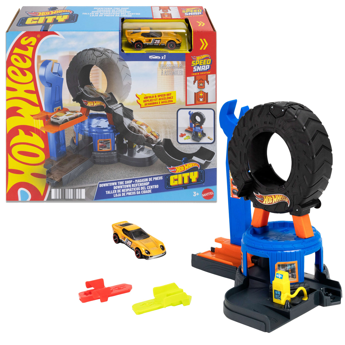 Hot Wheels City Şehir Merkezi Lastik Garajı Oyun Seti - 1:64 Ölçekli Metal Çekici Kamyon Dahil, Speed Snap Pist Uyumlu