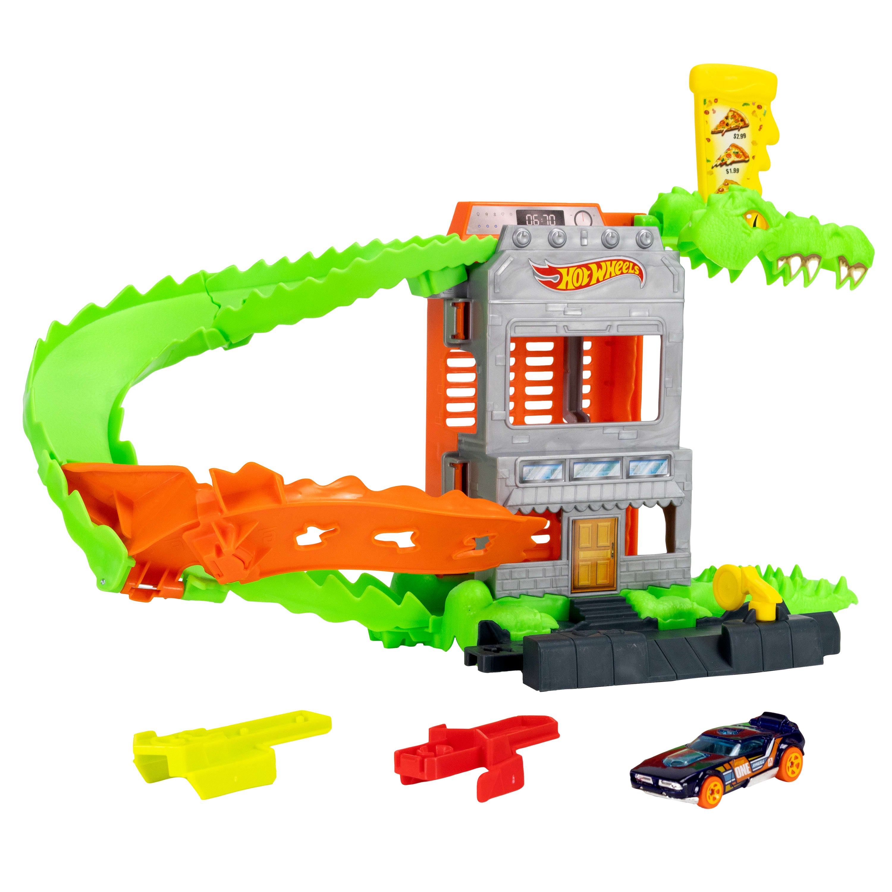 Hot Wheels City Timsah Pizza Saldırısı Oyun Seti - 1:64 Ölçekli Oyuncak Araba, Speed Snap Pistleriyle Uyumlu