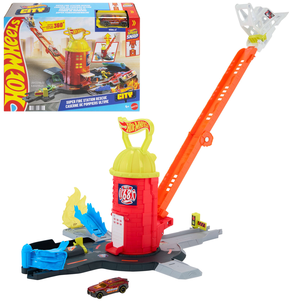 Hot Wheels City Süper İtfaiye İstasyonu oyun seti ve 1:64 ölçekli oyuncak araba, açıldığında 41 cm'ye ulaşan pist
