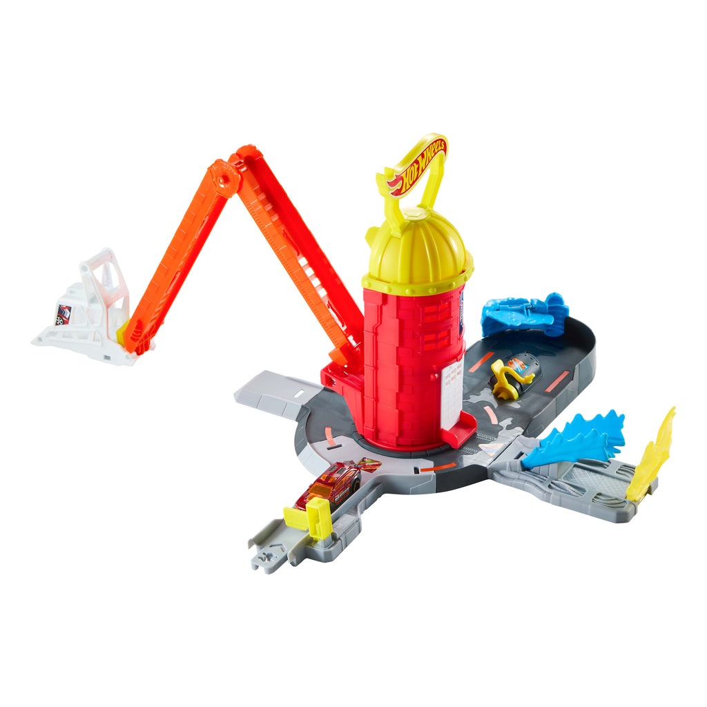 Hot Wheels City Süper İtfaiye İstasyonu oyun seti ve 1:64 ölçekli oyuncak araba, açıldığında 41 cm'ye ulaşan pist