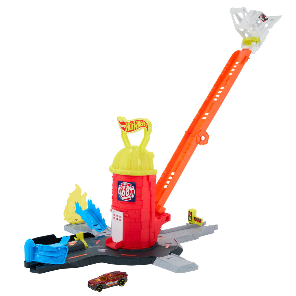 Hot Wheels City Süper İtfaiye İstasyonu oyun seti ve 1:64 ölçekli oyuncak araba, açıldığında 41 cm'ye ulaşan pist