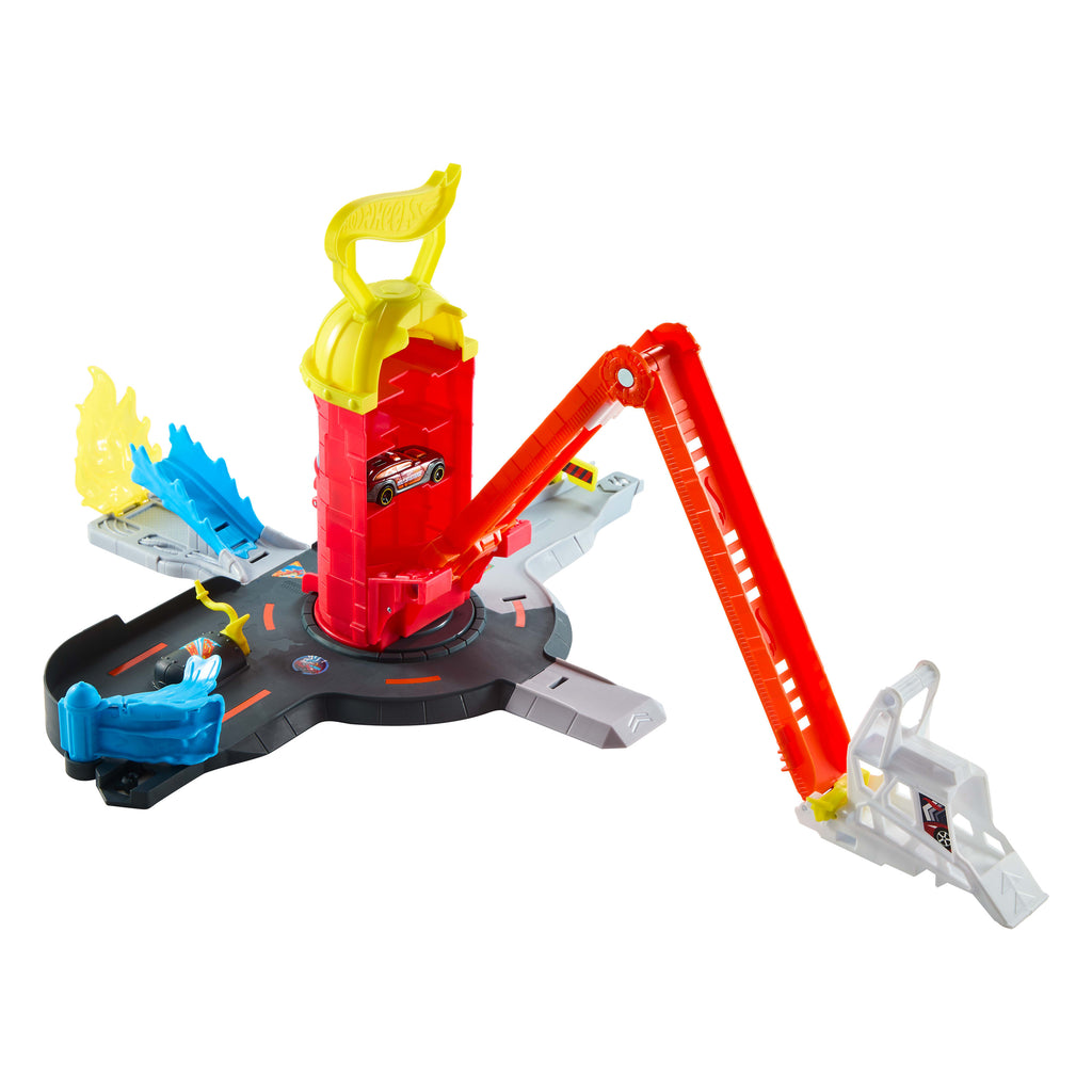 Hot Wheels City Süper İtfaiye İstasyonu oyun seti ve 1:64 ölçekli oyuncak araba, açıldığında 41 cm'ye ulaşan pist