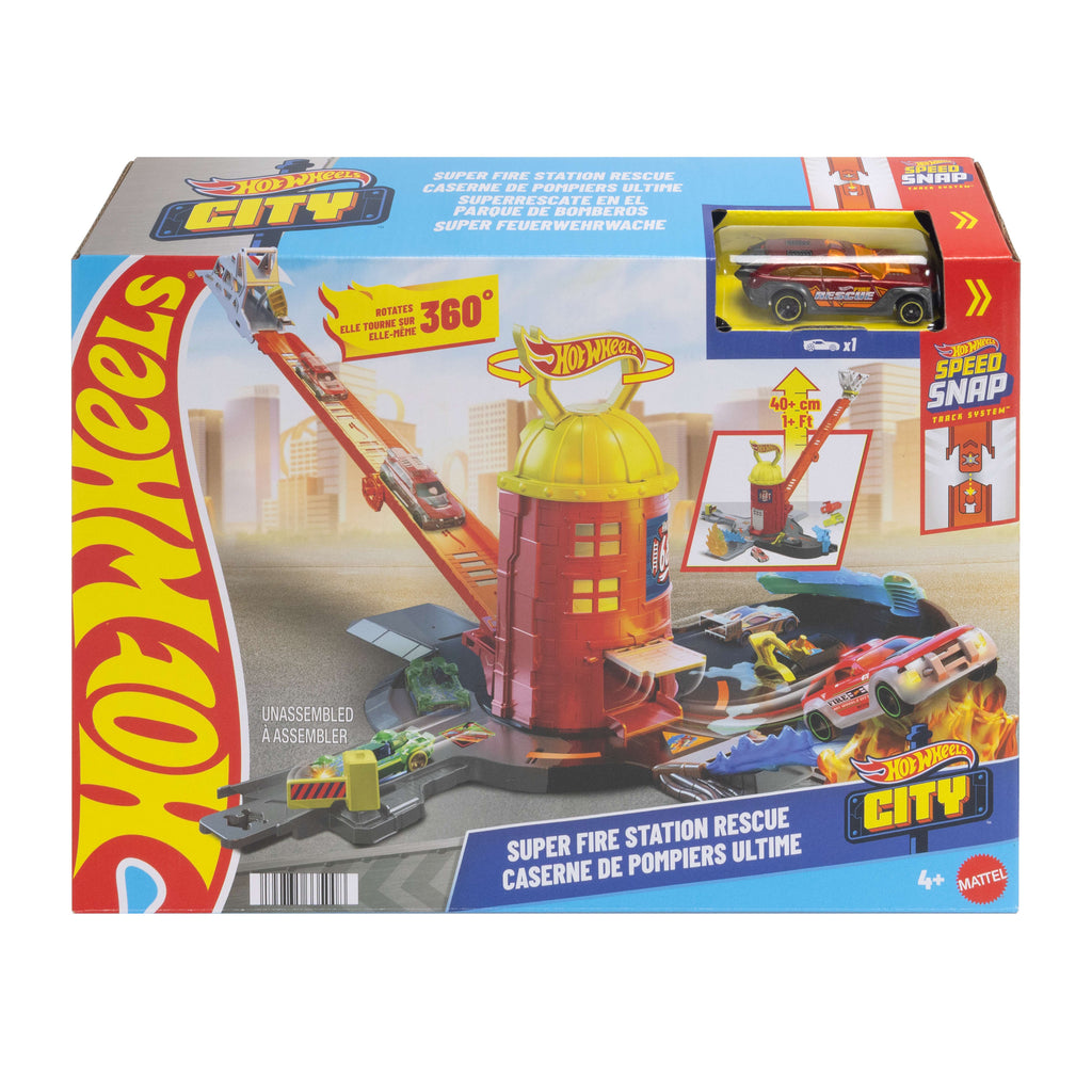 Hot Wheels City Süper İtfaiye İstasyonu oyun seti ve 1:64 ölçekli oyuncak araba, açıldığında 41 cm'ye ulaşan pist