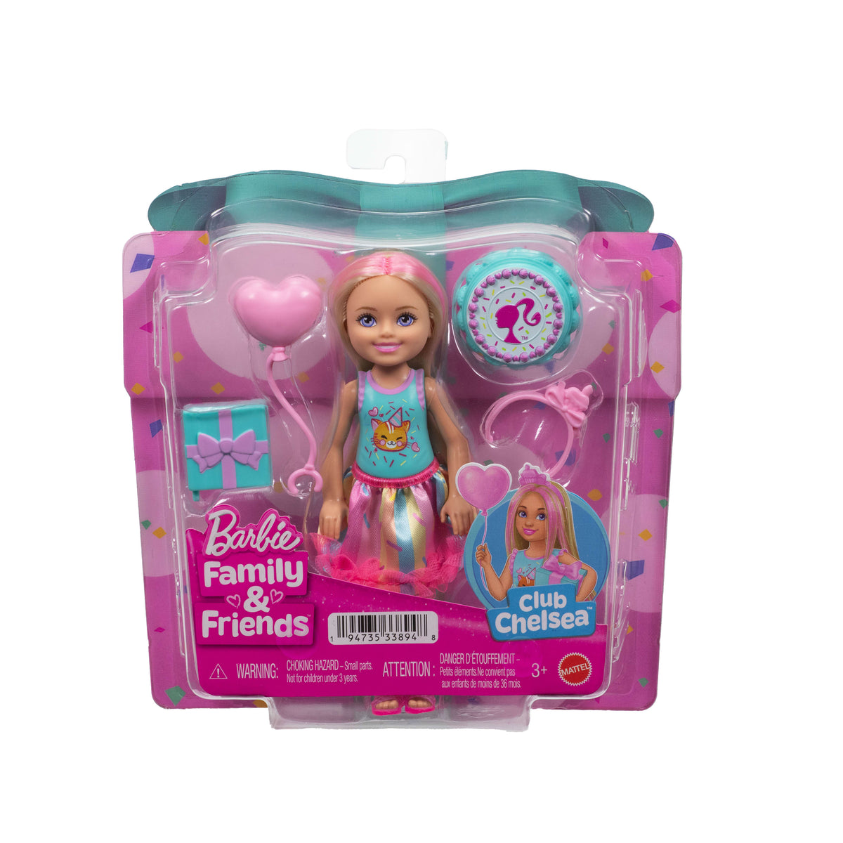 Sarı saçlarında pembeler olan küçük Barbie Club Chelsea bebek ve parti aksesuarları