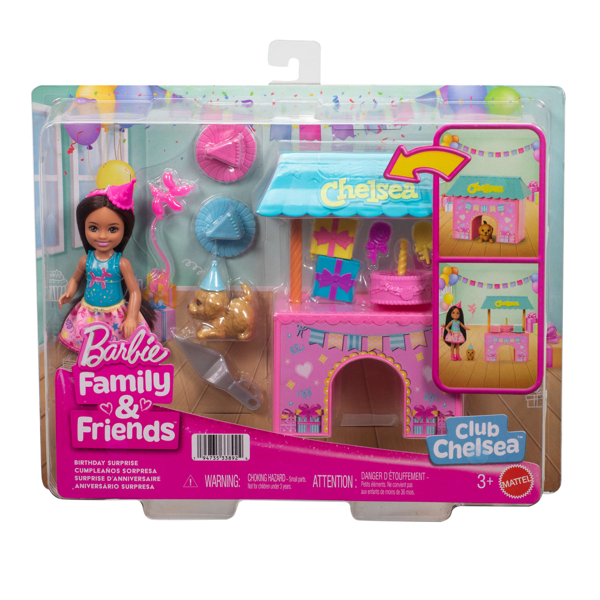 Barbie Aile ve Dostlar Club Chelsea Sürpriz Doğum Günü Partisi oyun seti, küçük bebek ve 10'dan fazla aksesuar