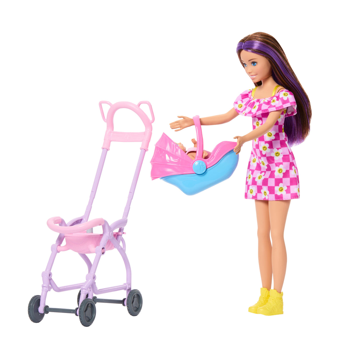 Barbie Bebek Bakıcısı Skipper oyun seti, Skipper ve küçük bebek, bebek arabası ve 7 aksesuar