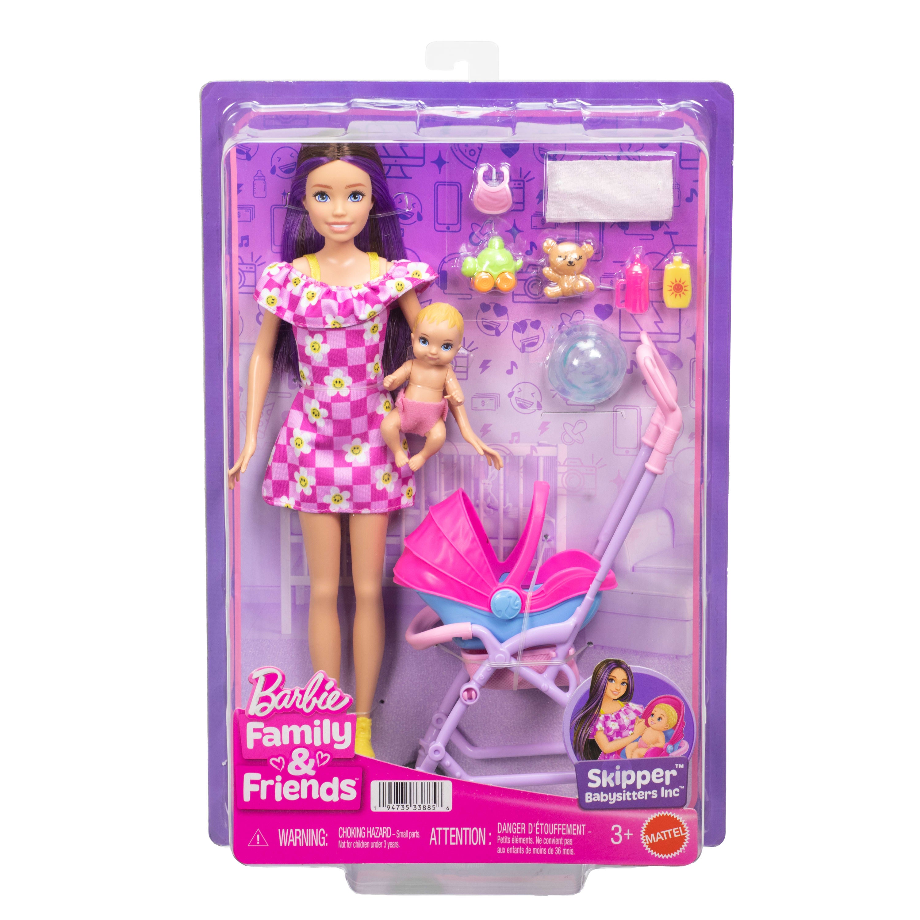 Barbie Bebek Bakıcısı Skipper oyun seti, Skipper ve küçük bebek, bebek arabası ve 7 aksesuar