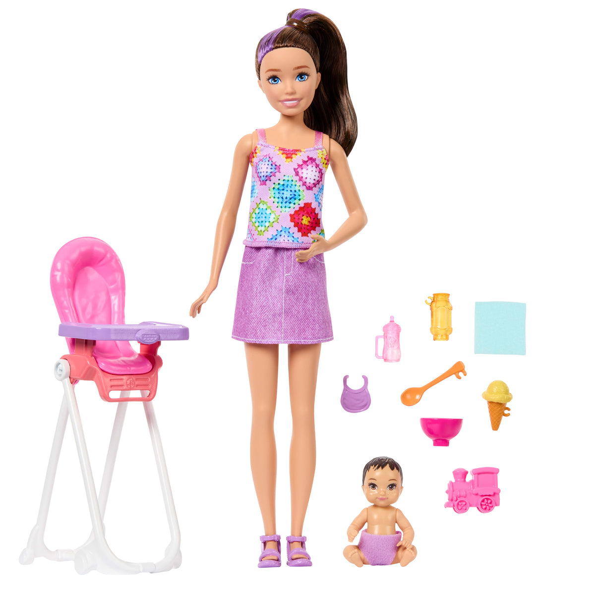 Barbie Bebek Bakıcısı Skipper oyun seti, Skipper ve küçük bebek, mama sandalyesi ve 8 aksesuar