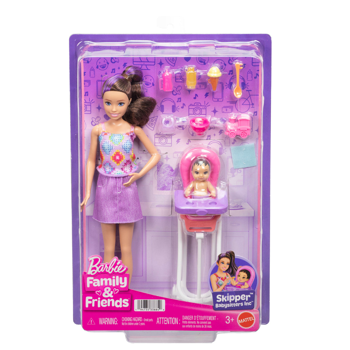 Barbie Bebek Bakıcısı Skipper oyun seti, Skipper ve küçük bebek, mama sandalyesi ve 8 aksesuar