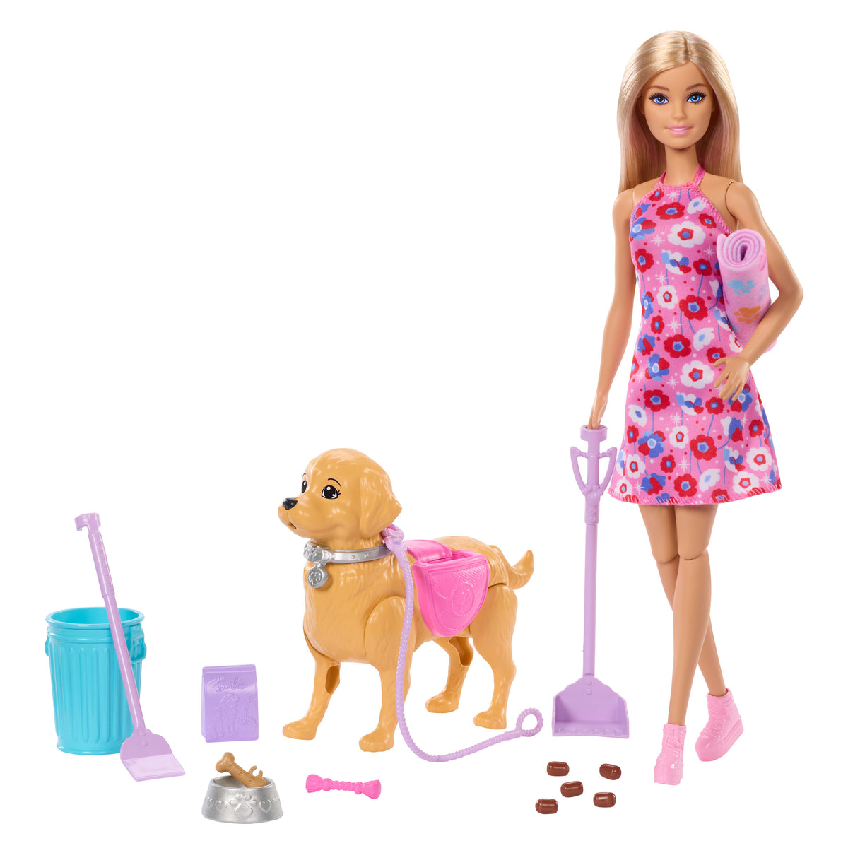Barbie "Malibu" Köpekçiğin Yürüyüş Zamanı oyuncak seti; bebek, tuvalet yapabilen evcil köpek ve aksesuarlar