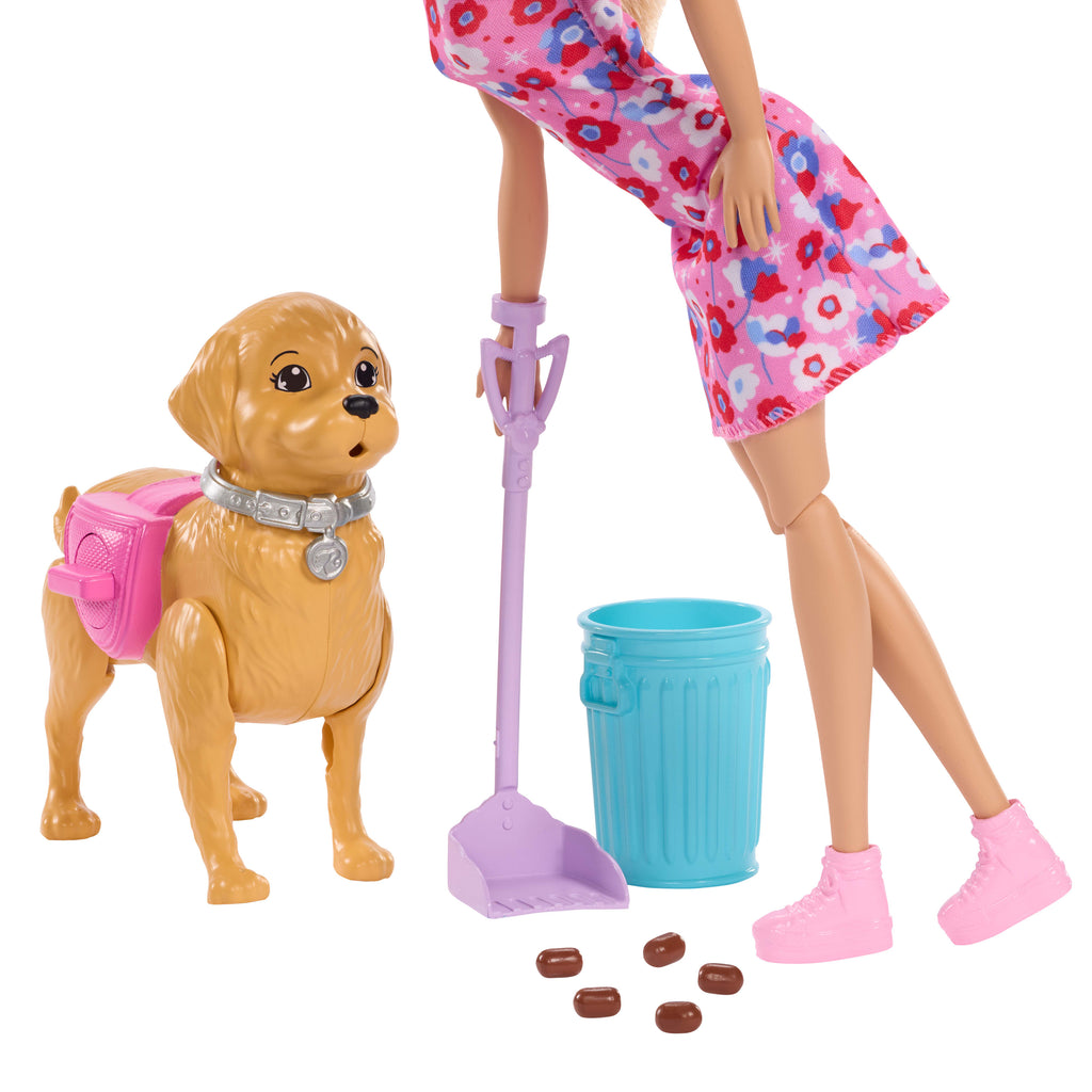 Barbie "Malibu" Köpekçiğin Yürüyüş Zamanı oyuncak seti; bebek, tuvalet yapabilen evcil köpek ve aksesuarlar