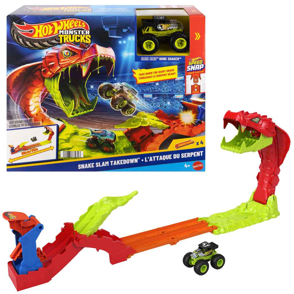 Hot Wheels®Monster Trucks Snake Bite Güç Darbesi oyun seti ve 1:64 ölçekli Bone Shaker