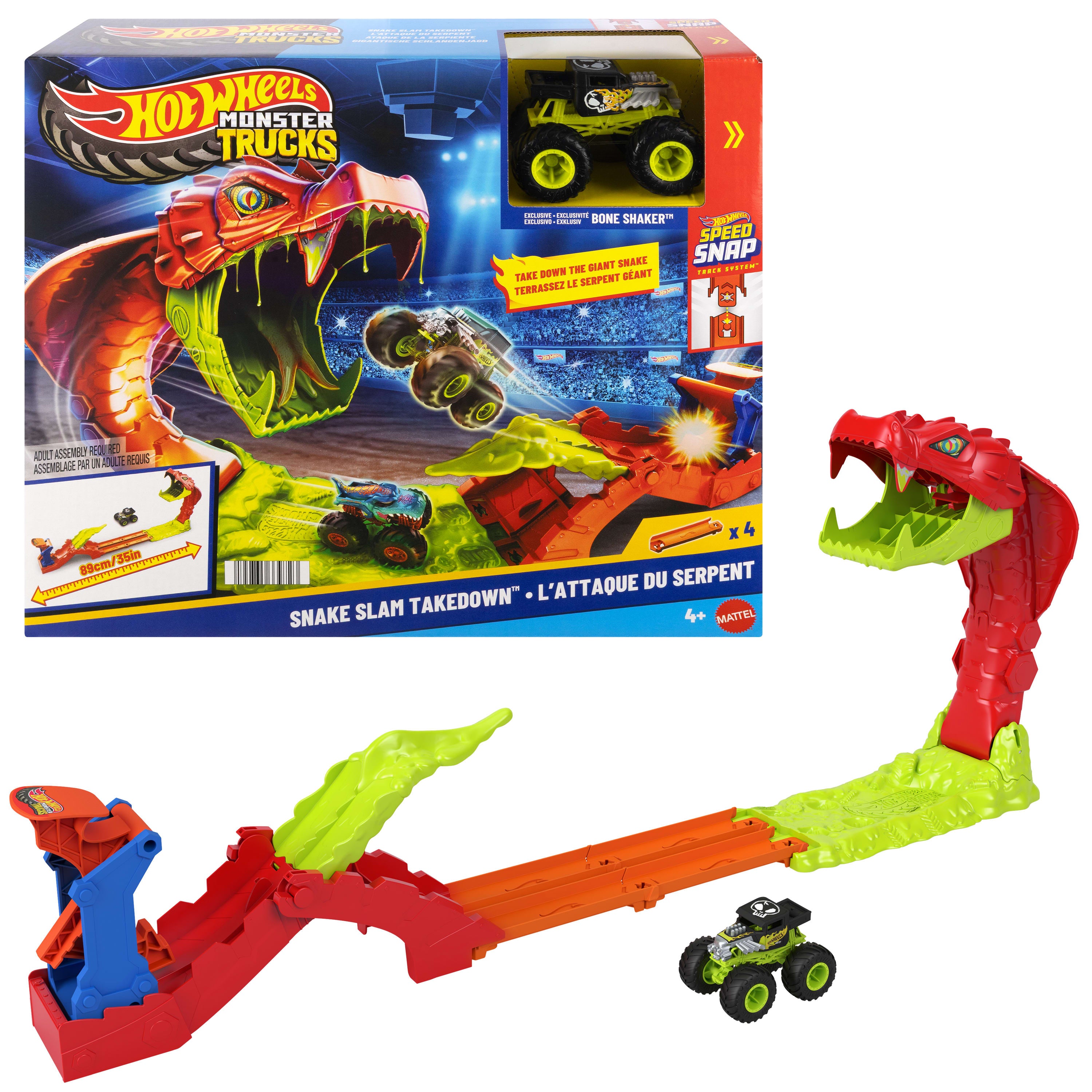 Hot Wheels®Monster Trucks Snake Bite Güç Darbesi oyun seti ve 1:64 ölçekli Bone Shaker