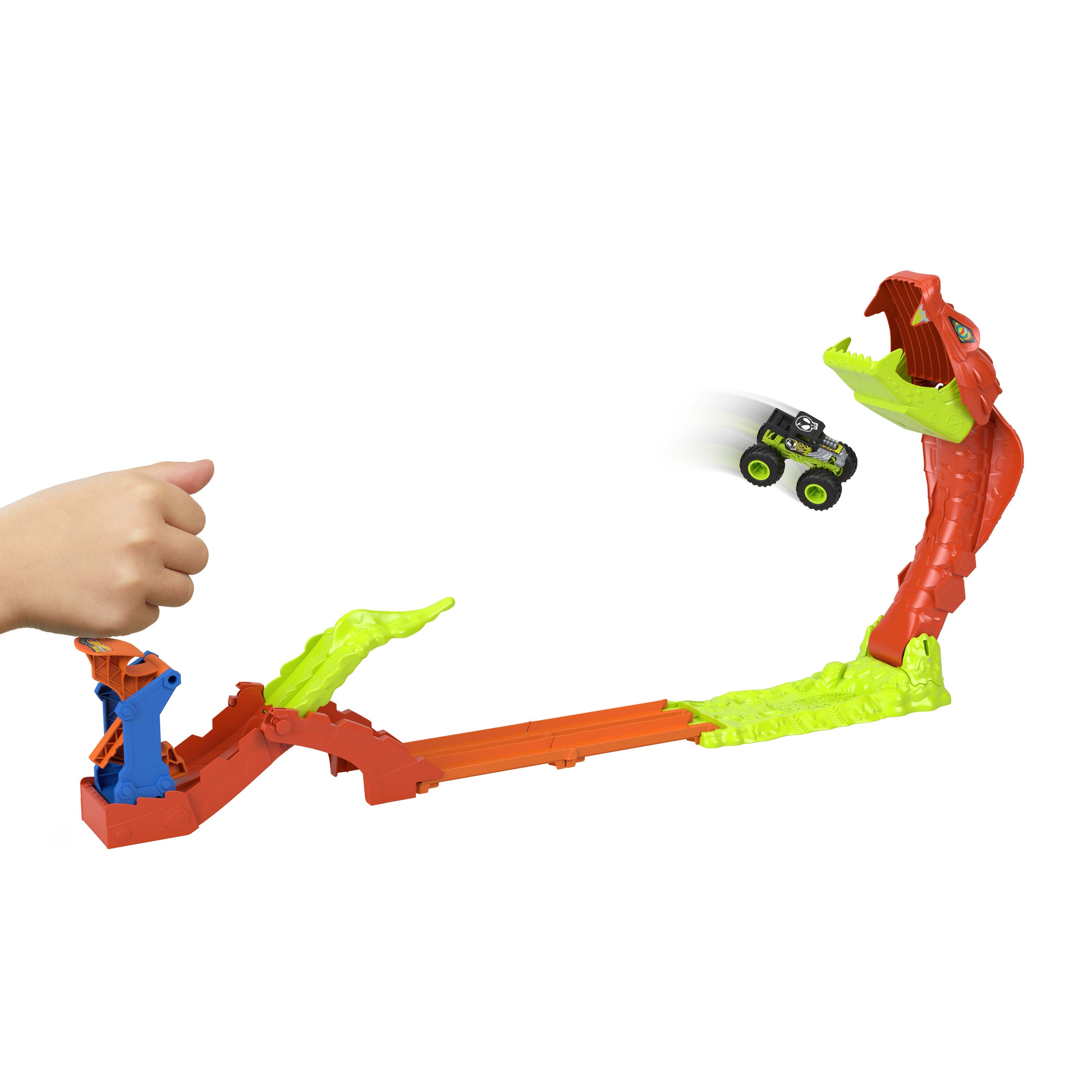 Hot Wheels®Monster Trucks Snake Bite Güç Darbesi oyun seti ve 1:64 ölçekli Bone Shaker
