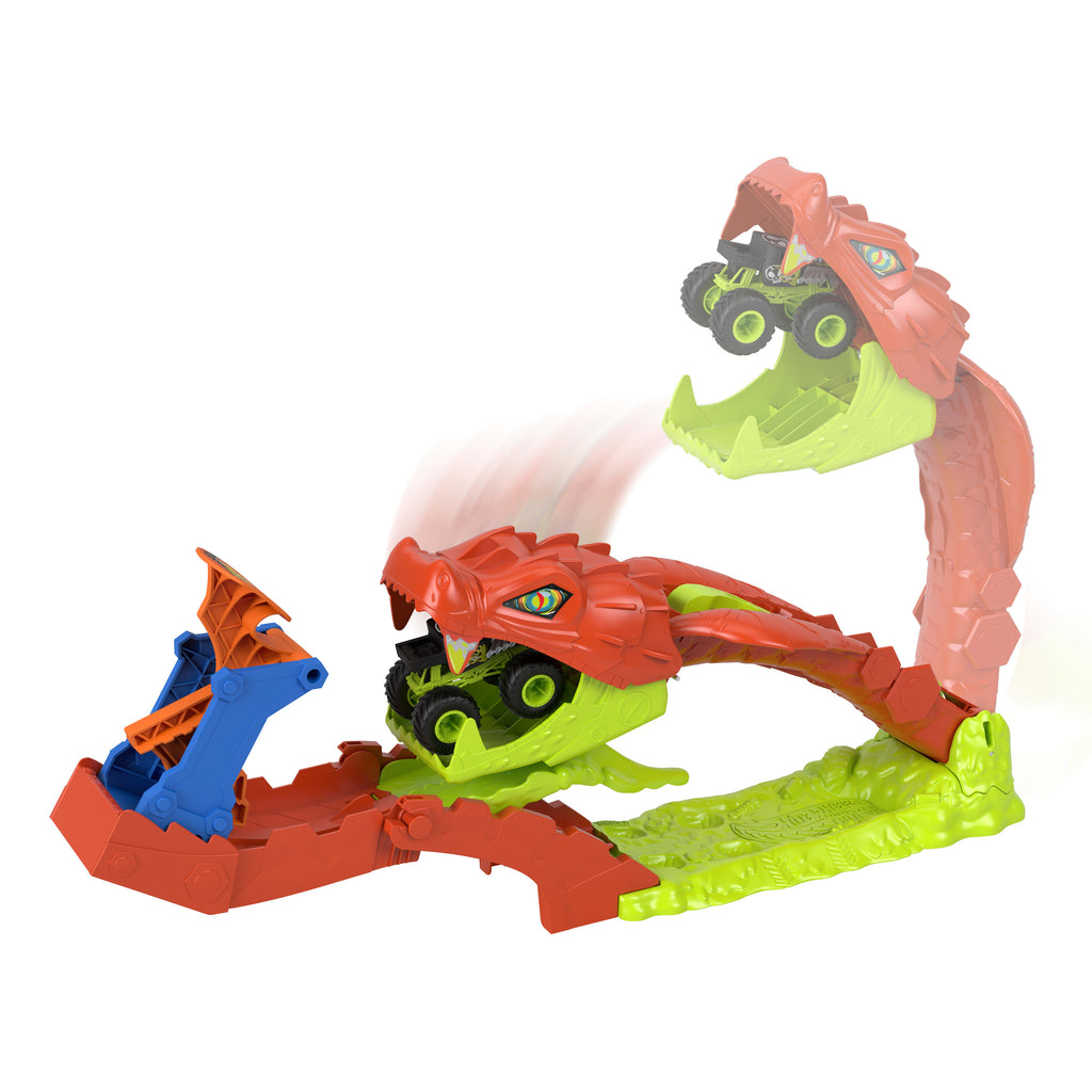 Hot Wheels®Monster Trucks Snake Bite Güç Darbesi oyun seti ve 1:64 ölçekli Bone Shaker