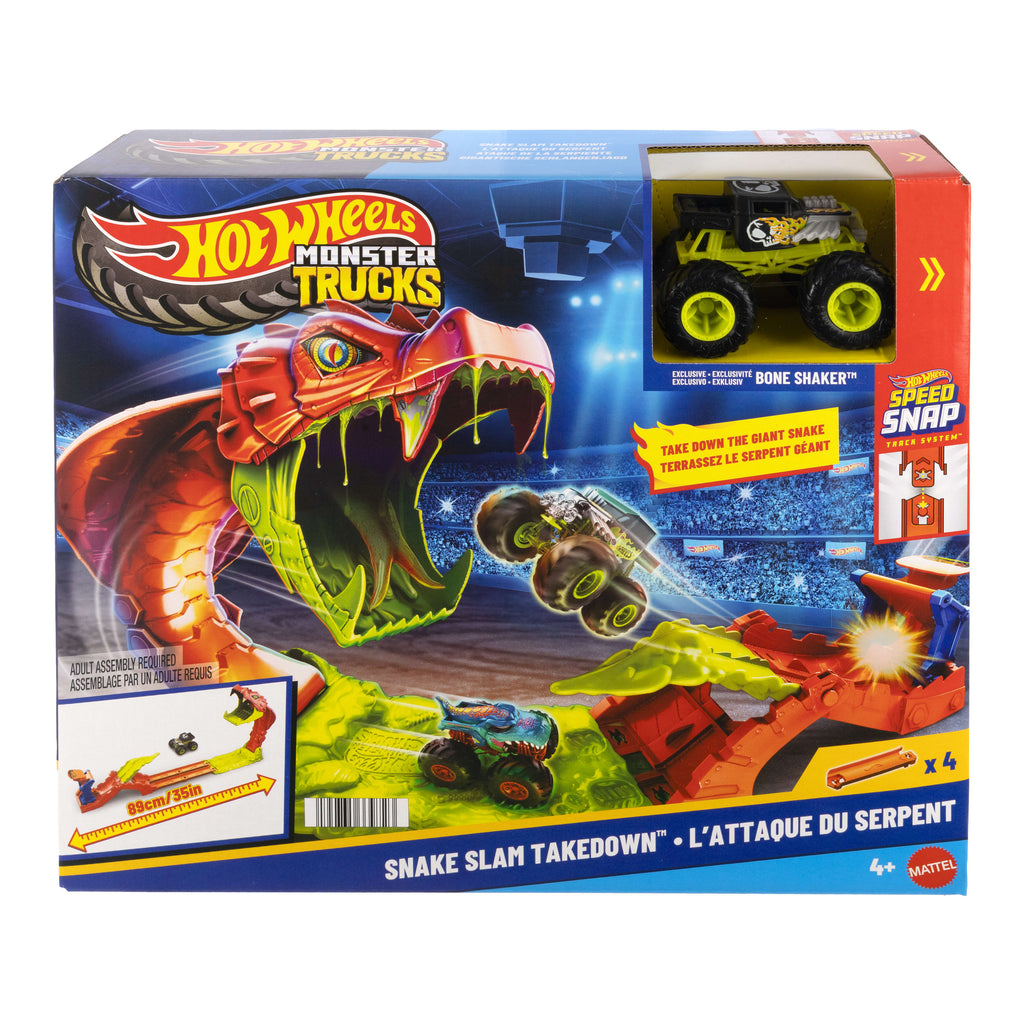 Hot Wheels®Monster Trucks Snake Bite Güç Darbesi oyun seti ve 1:64 ölçekli Bone Shaker