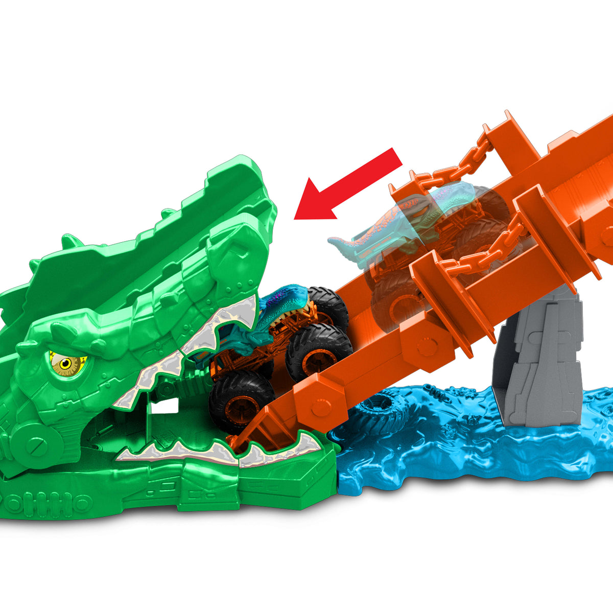 HOT WHEELS® Monster Trucks Timsahı Devir Oyun Seti ve 1:64 ölçekli Mega-Wrex aracı