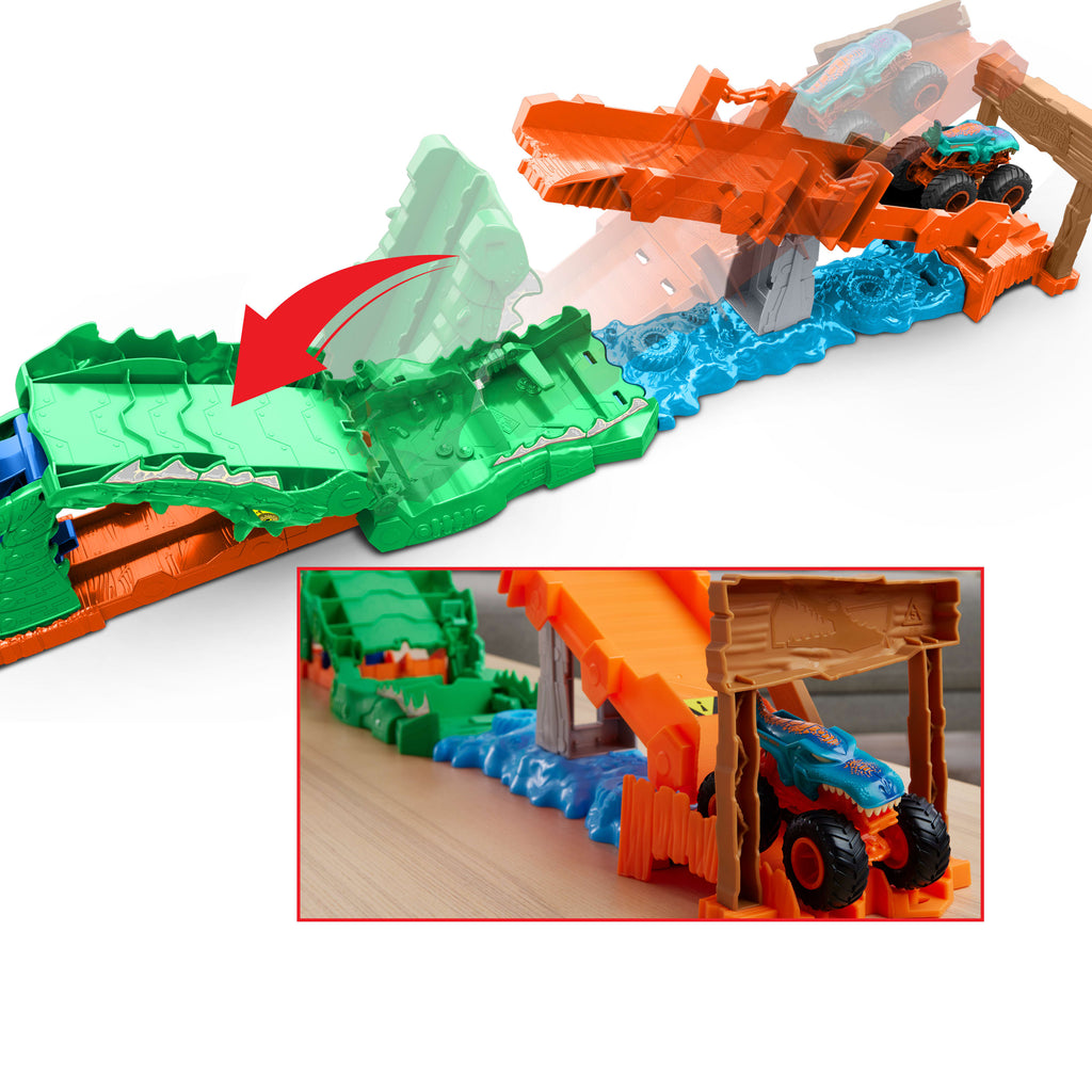 HOT WHEELS® Monster Trucks Timsahı Devir Oyun Seti ve 1:64 ölçekli Mega-Wrex aracı