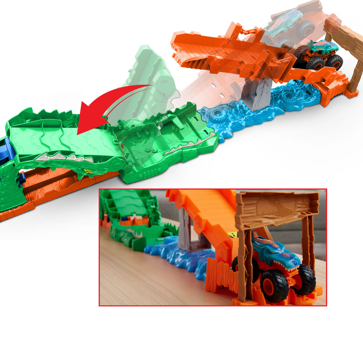 HOT WHEELS® Monster Trucks Timsahı Devir Oyun Seti ve 1:64 ölçekli Mega-Wrex aracı