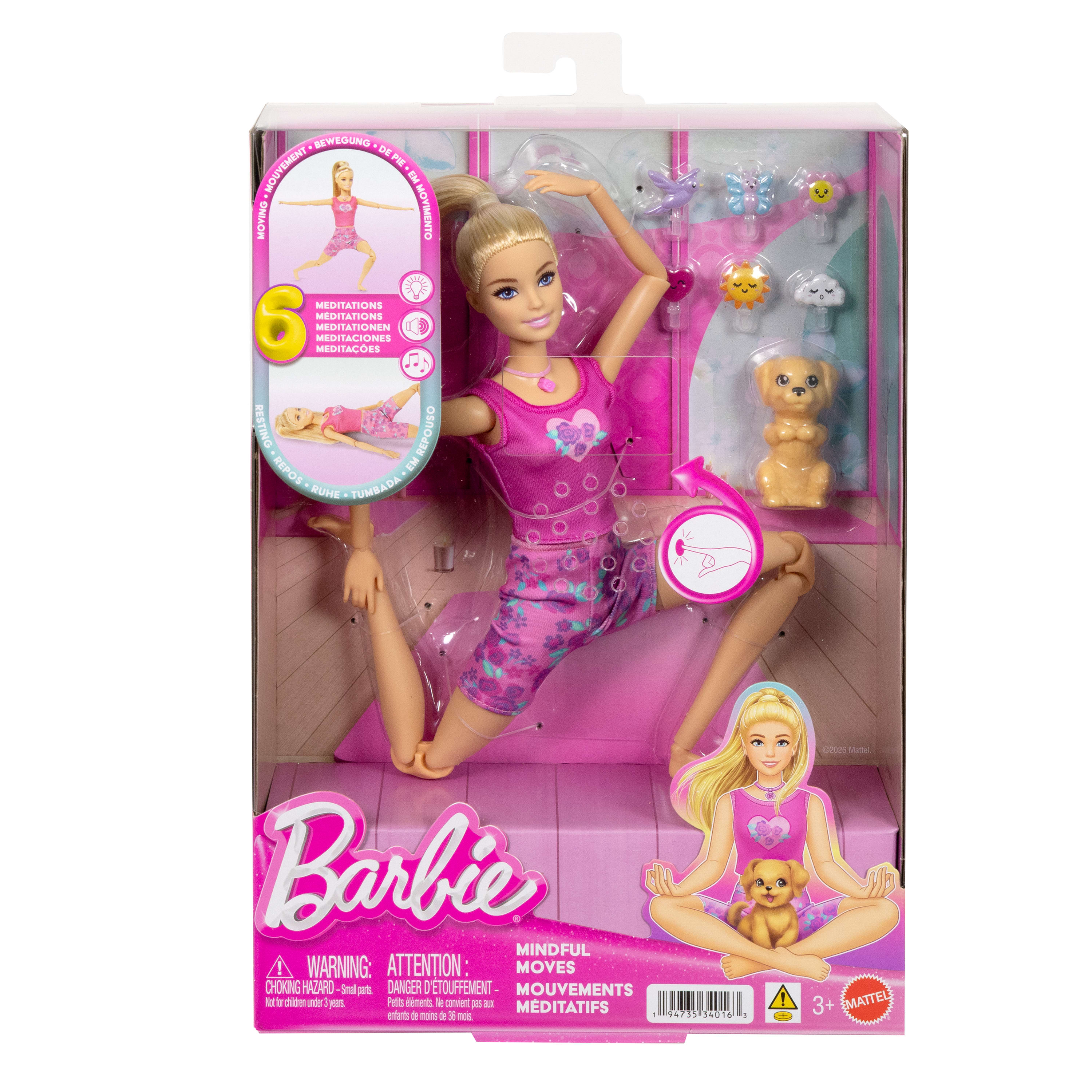 Yoga kıyafetleri giyen ışıklı, sesli ve müzikli Meditasyoncu Barbie ile köpek figürü