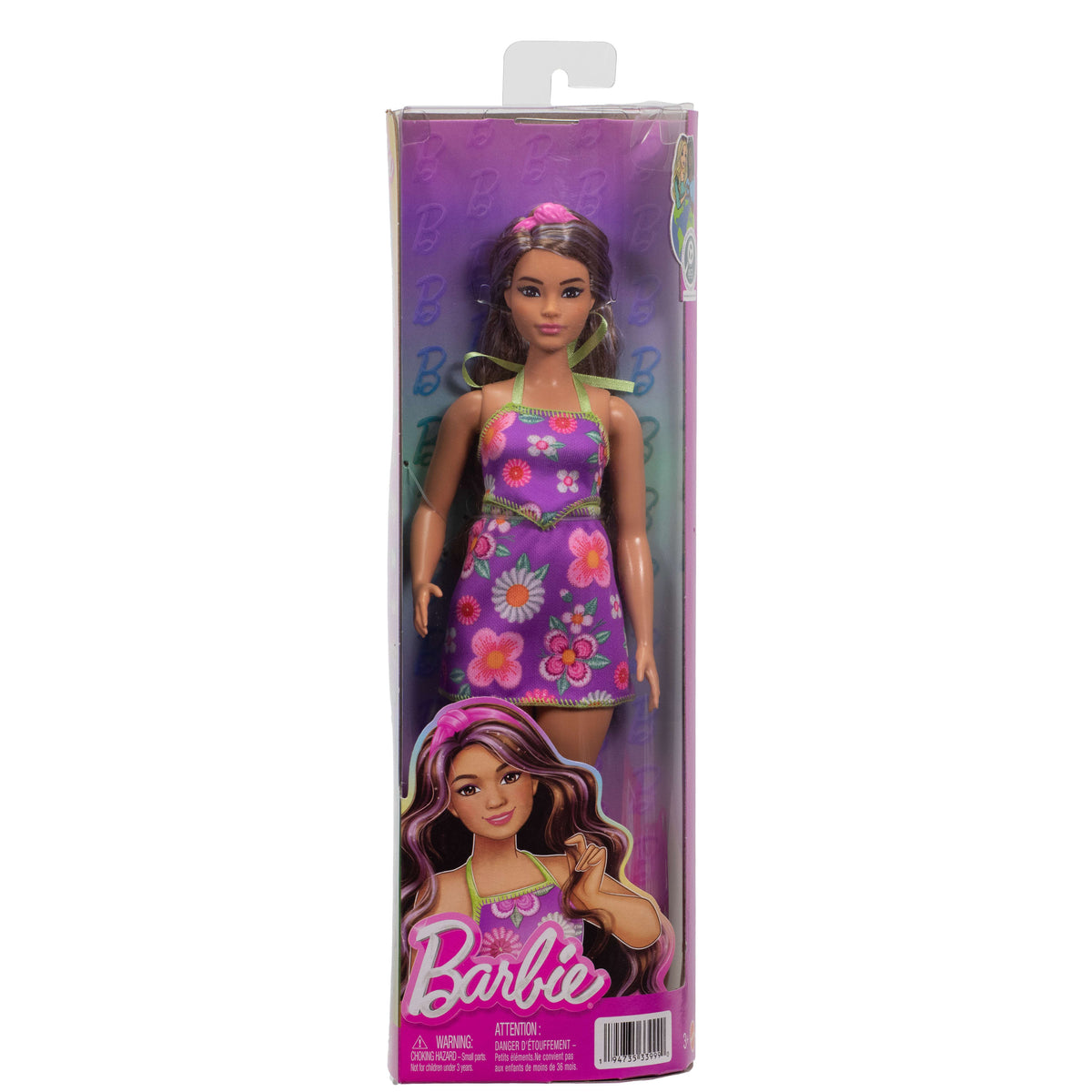 Çiçek desenli kolsuz takım giyen ve mor şeritli kahverengi saçları olan Barbie Fashionistas bebek (244)
