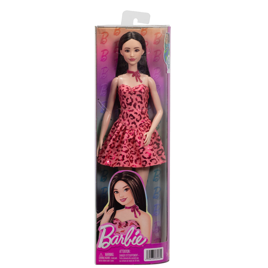 Leopar desenli pembe elbisesiyle siyah saçlı Barbie Fashionistas bebek (246)
