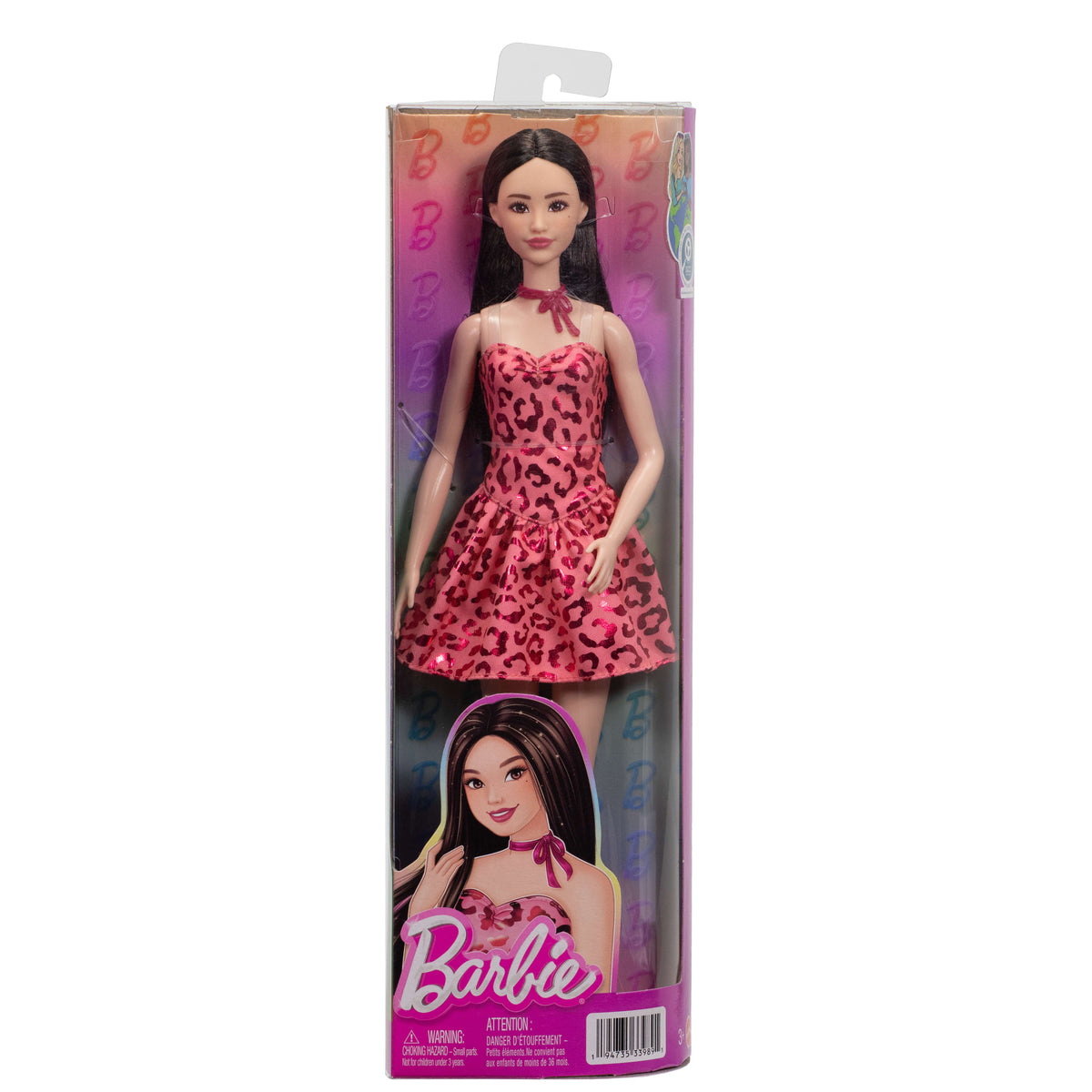 Leopar desenli pembe elbisesiyle siyah saçlı Barbie Fashionistas bebek (246)