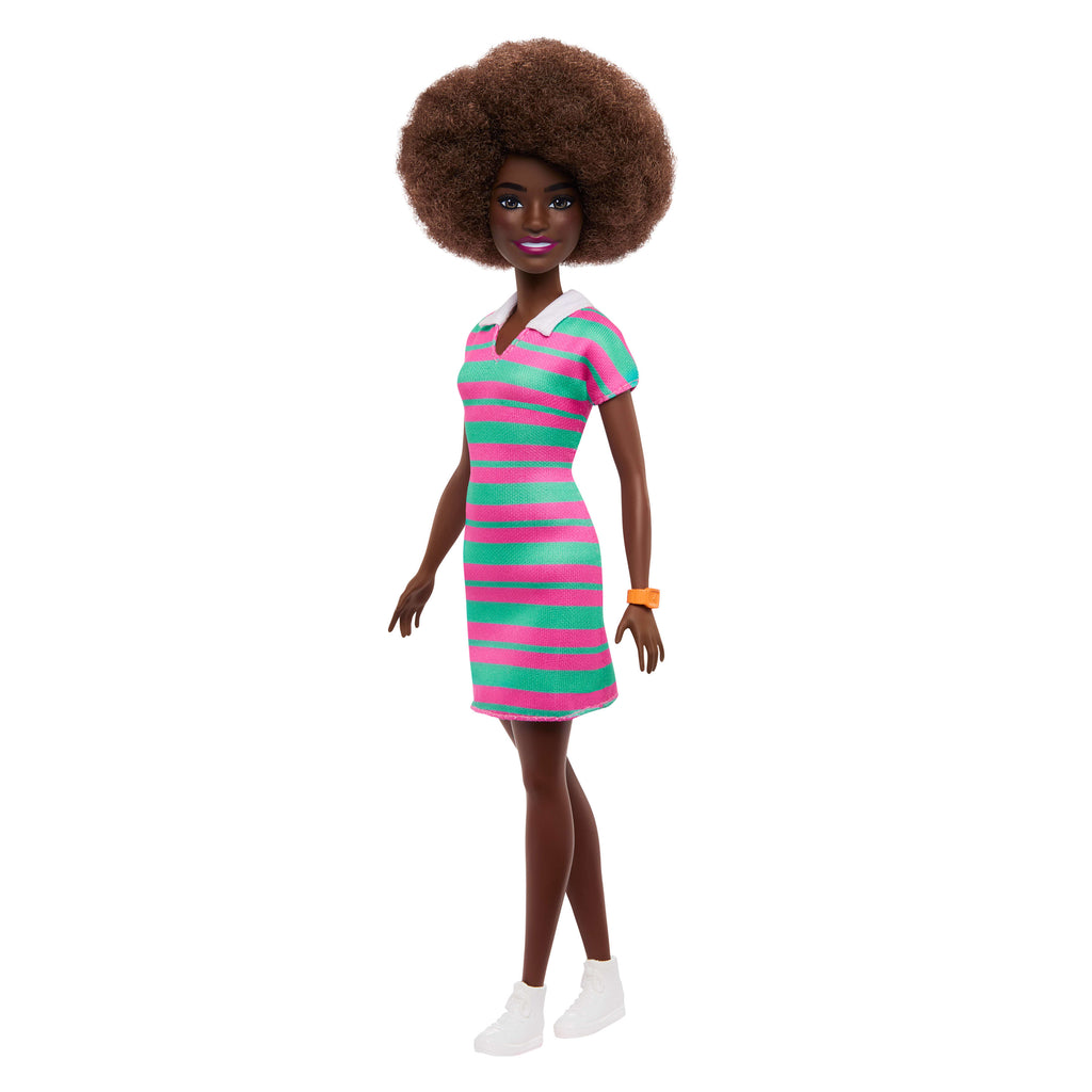 Barbie Fashionistas Bebek #247 (pembe-yeşil çizgili elbise)