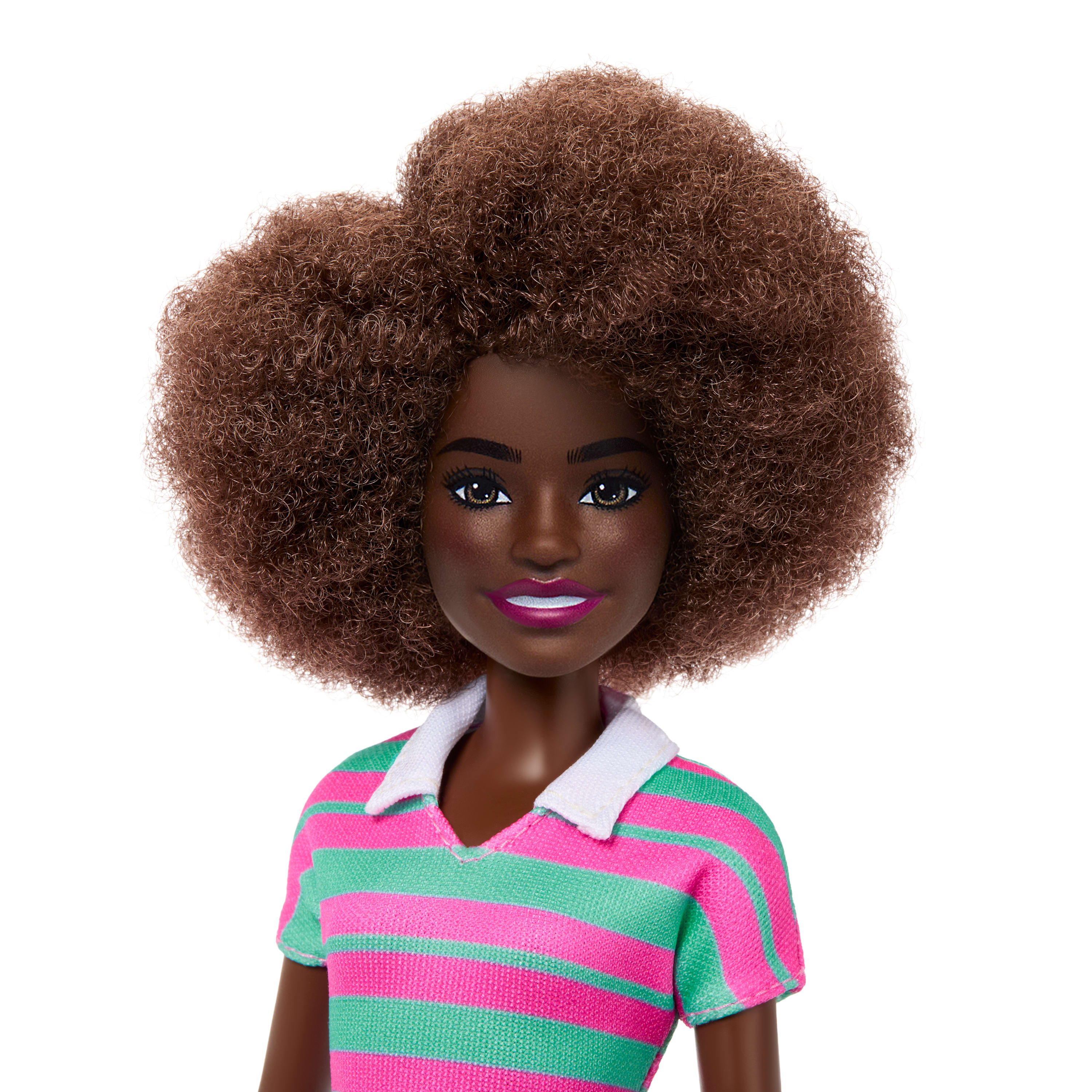 Barbie Fashionistas Bebek #247 (pembe-yeşil çizgili elbise)
