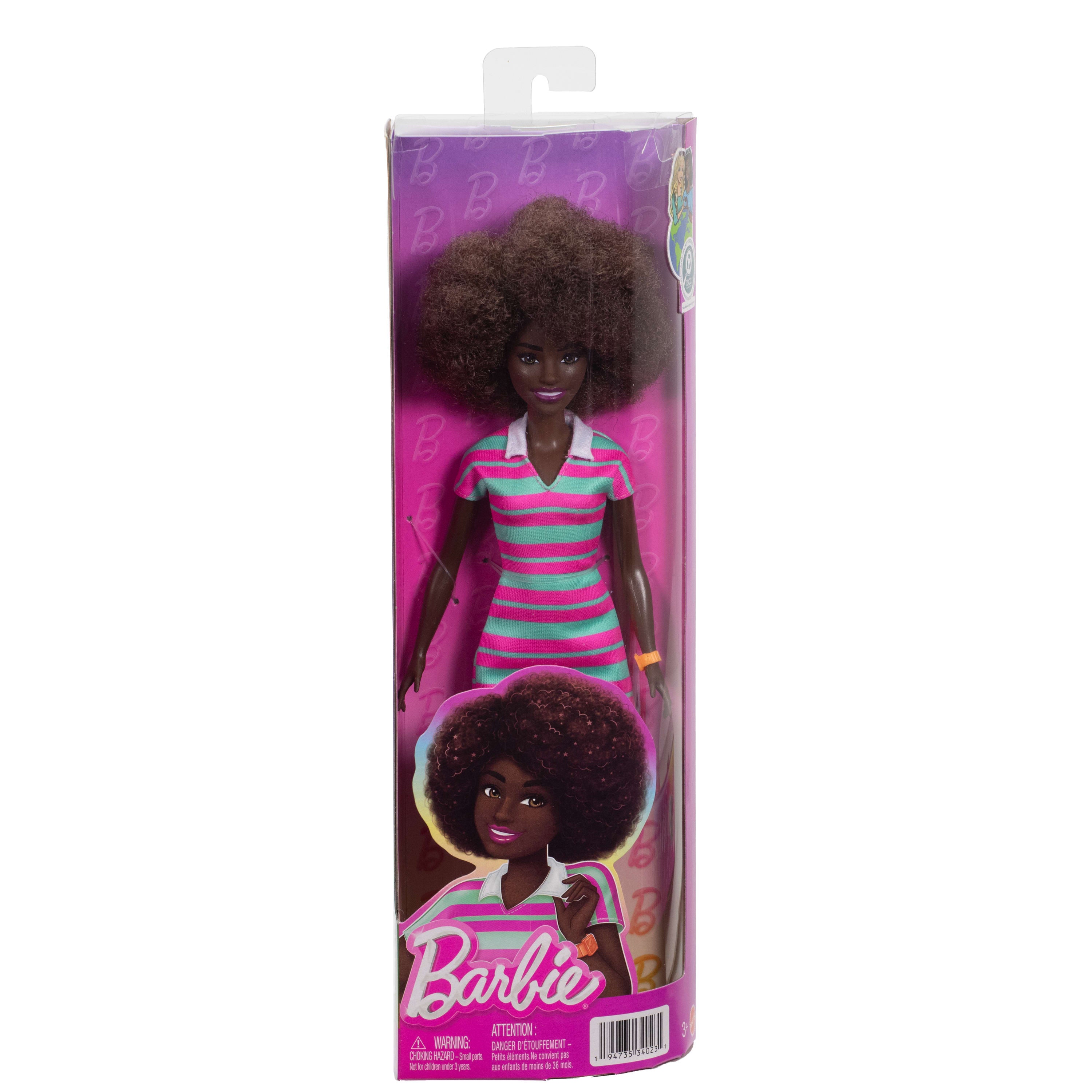 Barbie Fashionistas Bebek #247 (pembe-yeşil çizgili elbise)