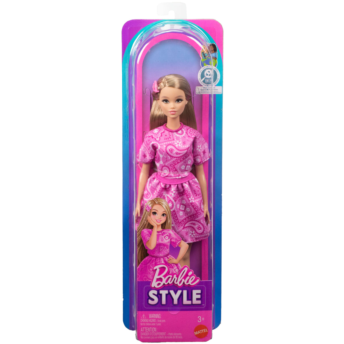 Şal desenli pembe etek ve şal desenli pembe üst giyen sarı saçlı Barbie Fashionistas Style bebek (249)