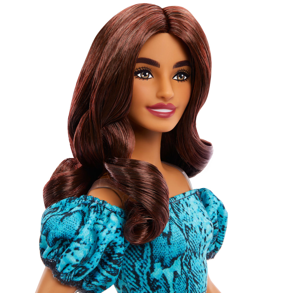Barbie Fashionistas Style bebek (250), yılan derisi baskılı turkuaz etek ve üst giyen kahverengi saçlı bebek