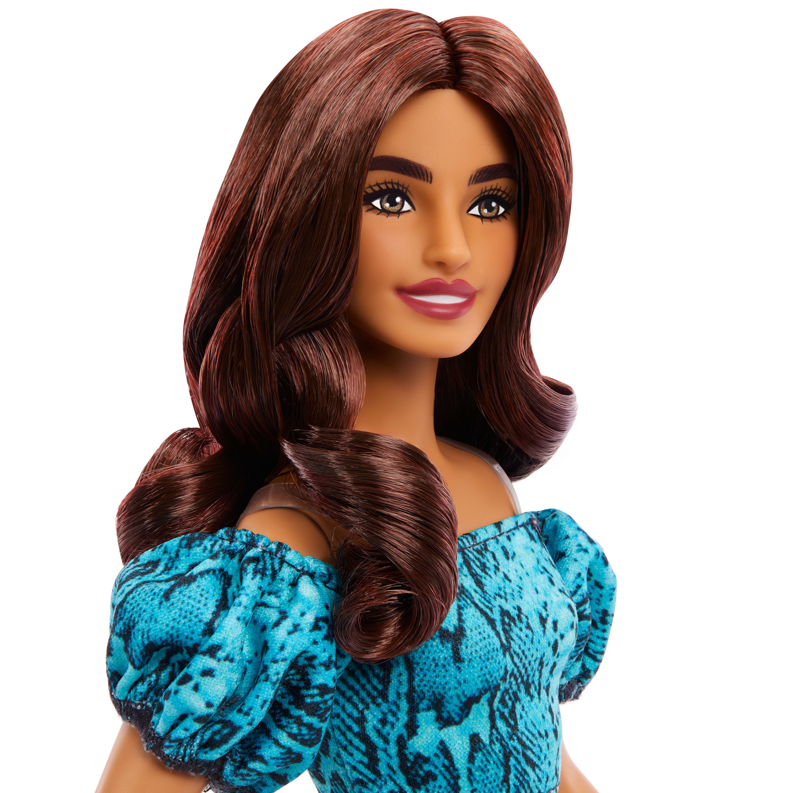 Barbie Fashionistas Style bebek (250), yılan derisi baskılı turkuaz etek ve üst giyen kahverengi saçlı bebek