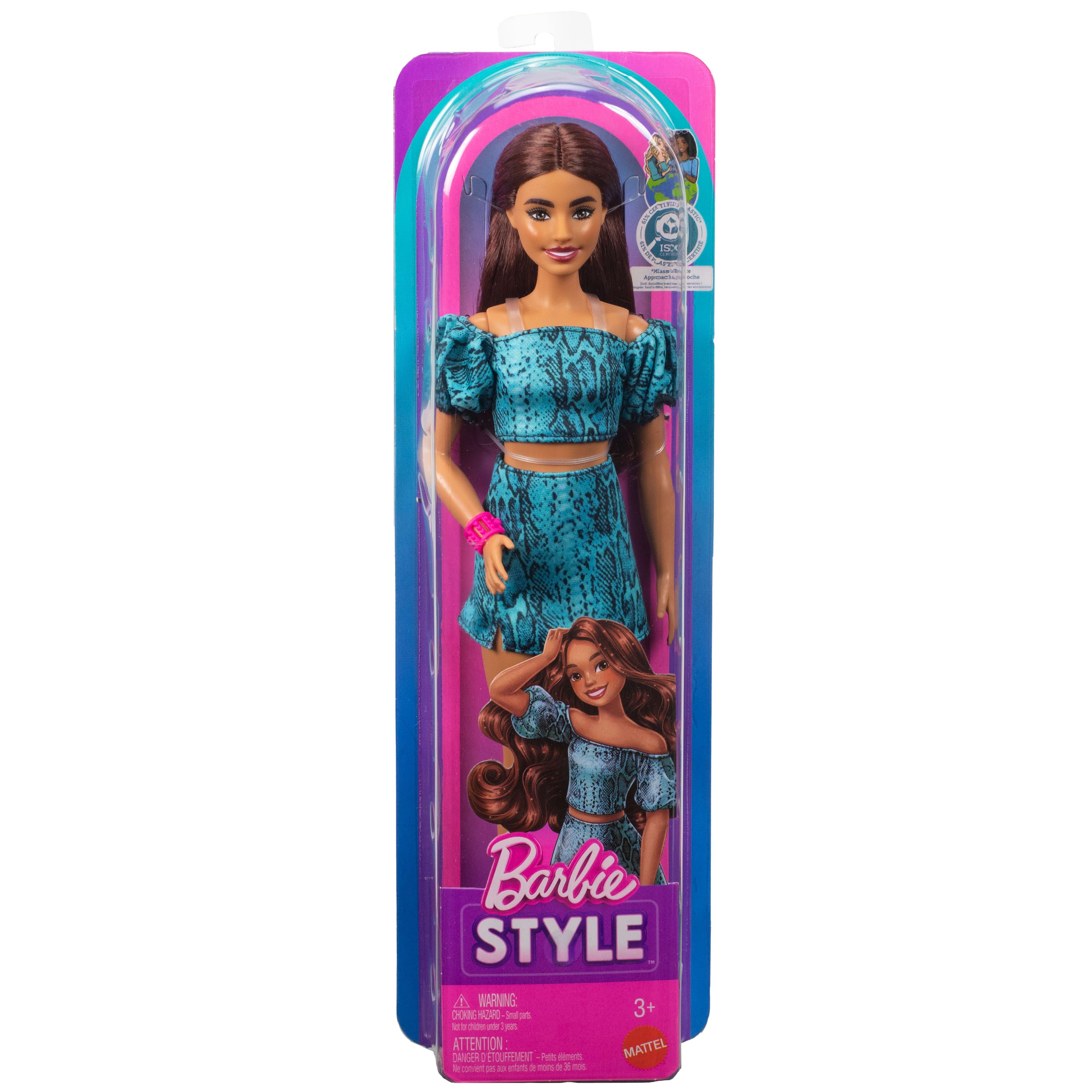 Barbie Fashionistas Style bebek (250), yılan derisi baskılı turkuaz etek ve üst giyen kahverengi saçlı bebek