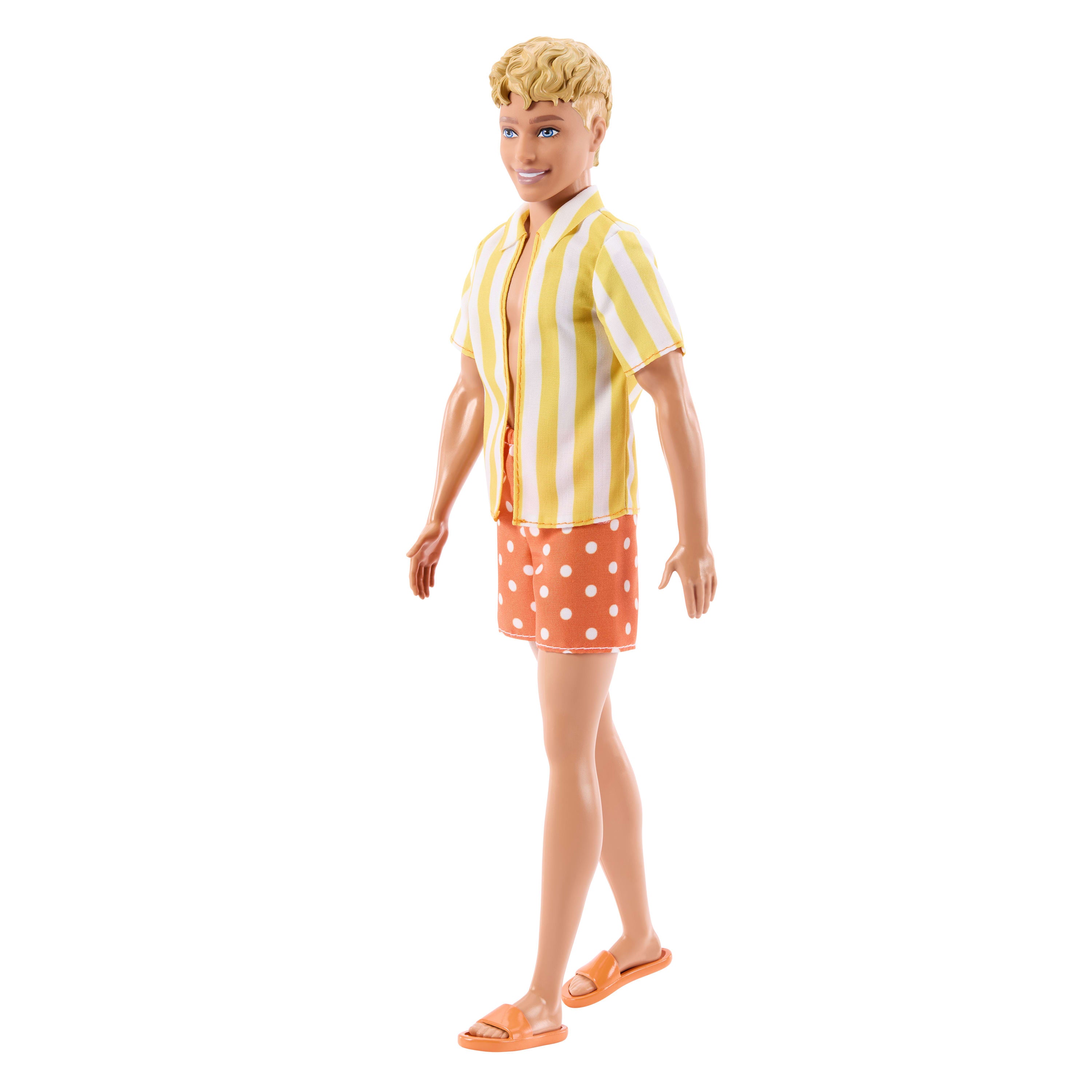 Barbie Fashionistas Style Ken bebek (252), turuncu ve sarı puantiyeli şort ile sarı ve beyaz çizgili üst giyen sarı saçlı bebek