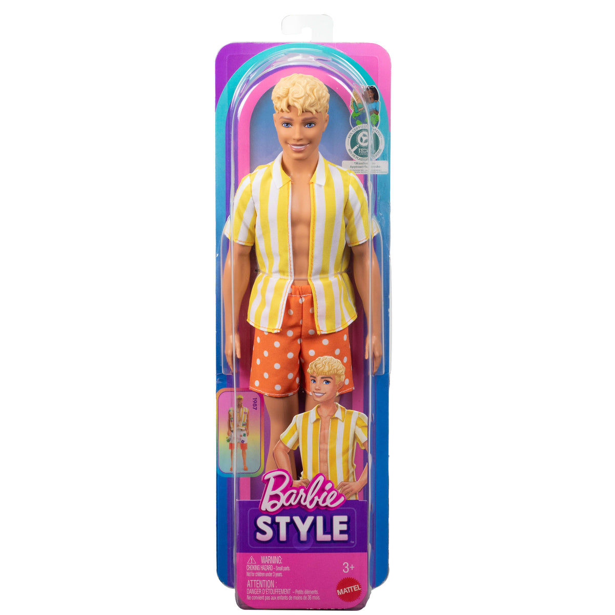 Barbie Fashionistas Style Ken bebek (252), turuncu ve sarı puantiyeli şort ile sarı ve beyaz çizgili üst giyen sarı saçlı bebek