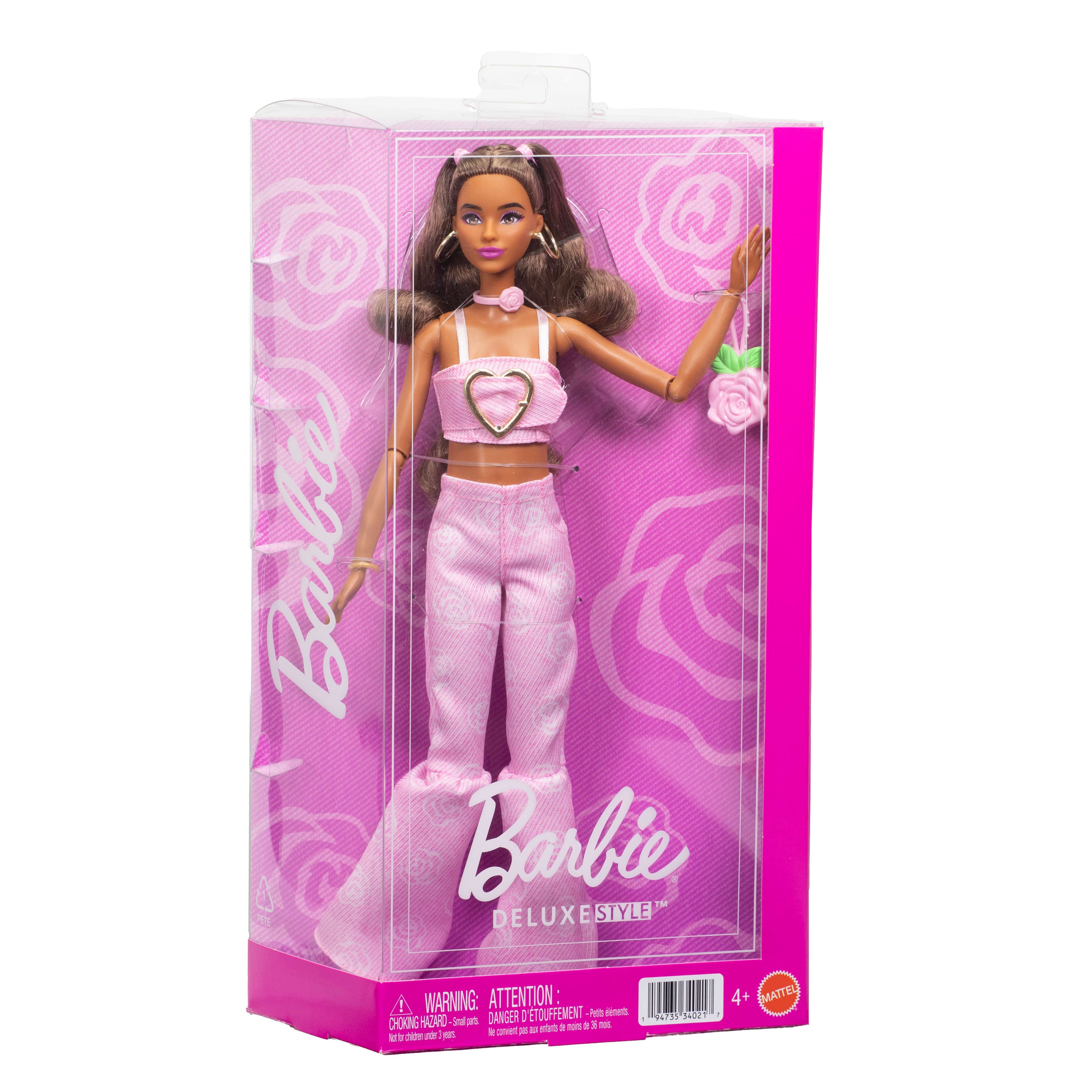 Barbie Deluxe Style Moda Bebek – Pembe Kot Crop Top ve Gül Desenli Pantolon, Esmer Saçlı (JJN72)