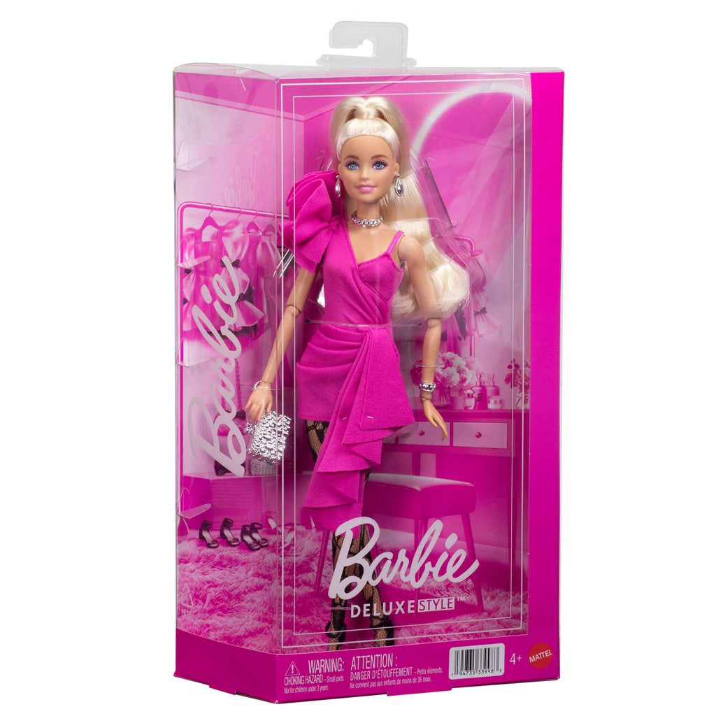Barbie Deluxe Style Moda Bebeği - Pembe Parlak Elbise, Sarı At Kuyruğu Saçlı (JJN73)