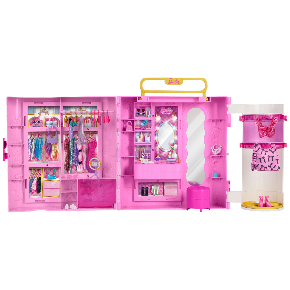 Barbie döndür ve kombinle özellikli gardırop, makyaj alanı, puf, 4 kıyafet, 20'den fazla parça ve taşınabilir saklama alanı