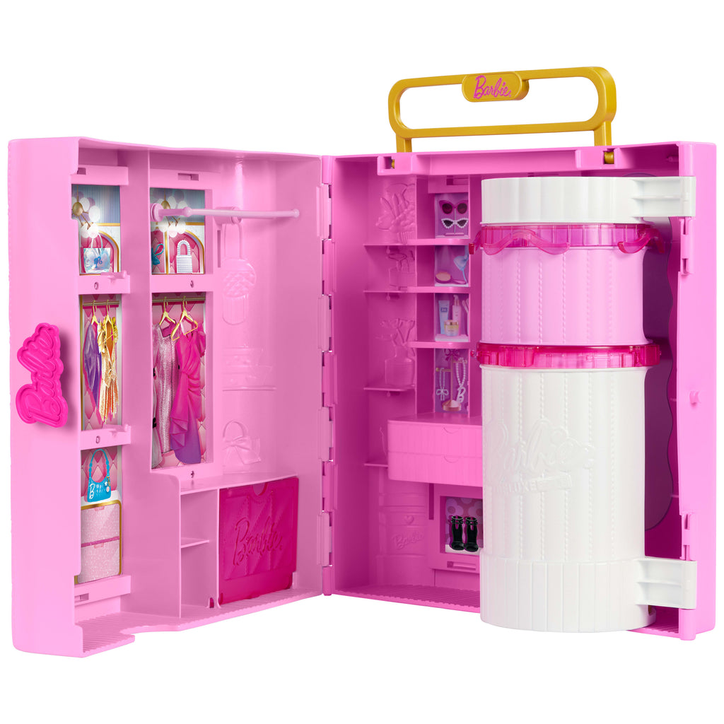 Barbie döndür ve kombinle özellikli gardırop, makyaj alanı, puf, 4 kıyafet, 20'den fazla parça ve taşınabilir saklama alanı