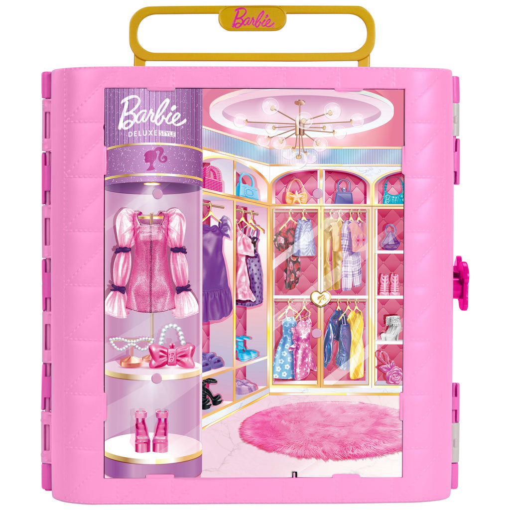 Barbie döndür ve kombinle özellikli gardırop, makyaj alanı, puf, 4 kıyafet, 20'den fazla parça ve taşınabilir saklama alanı