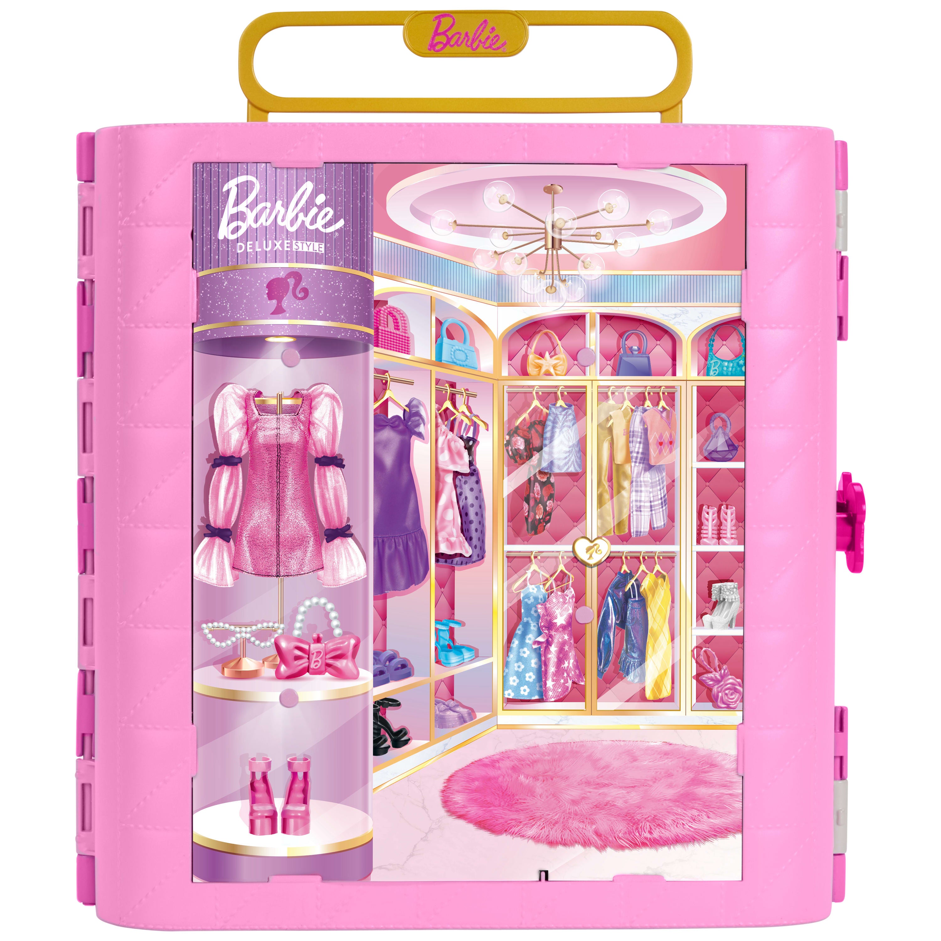 Barbie döndür ve kombinle özellikli gardırop, makyaj alanı, puf, 4 kıyafet, 20'den fazla parça ve taşınabilir saklama alanı