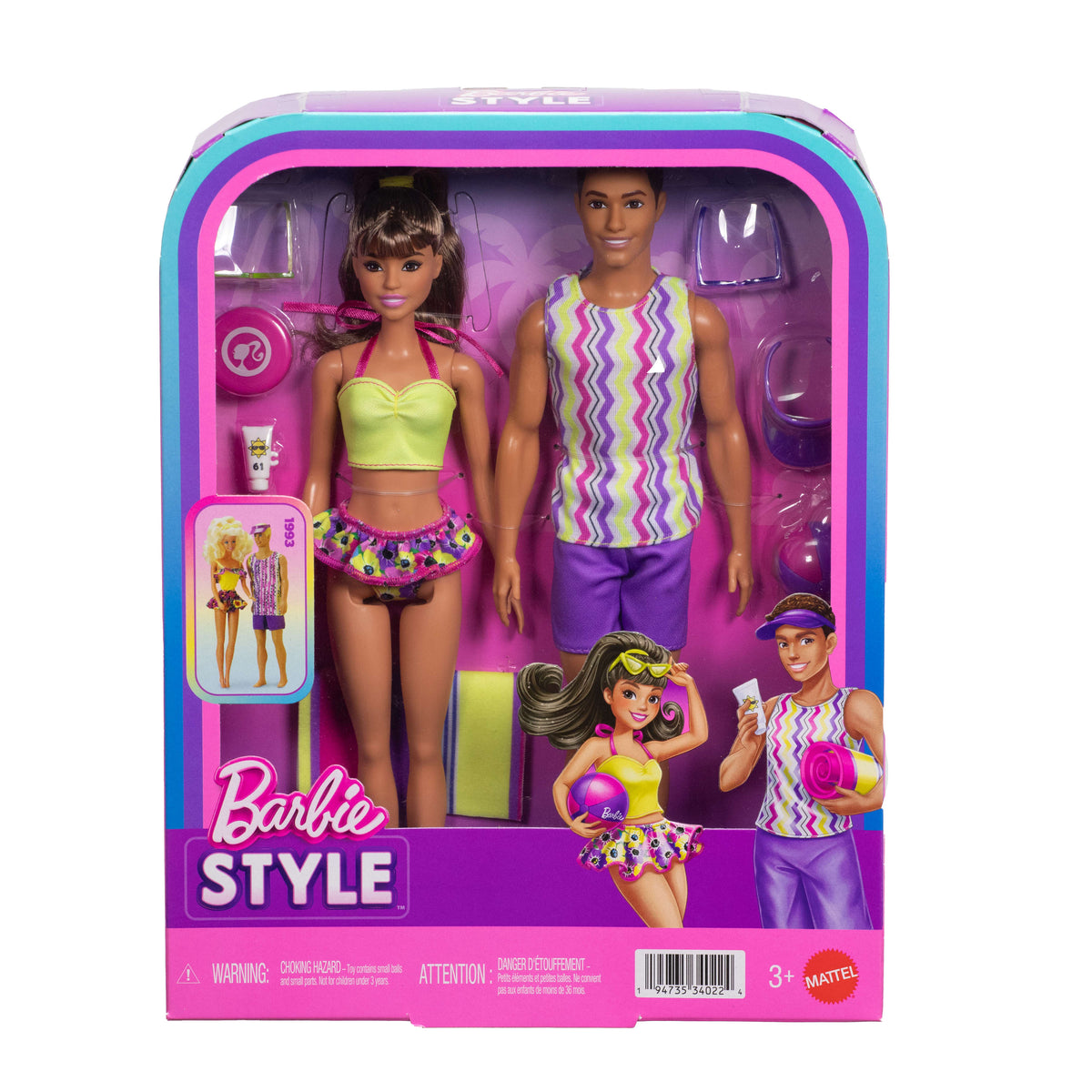 BARBIE Style Barbie ve Ken bebek seti, plaj temalı stiller ve aksesuarlar