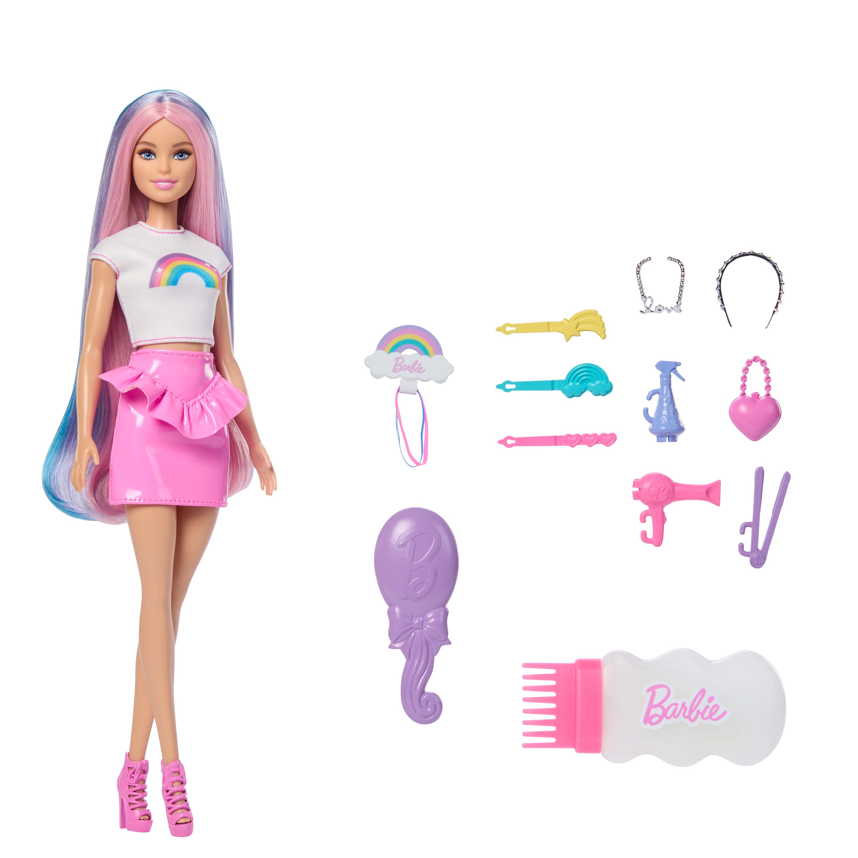 Ekstra uzun saçlı Barbie Gökkuşağı Saçlar bebekleri, 12 saç şekillendirme aksesuarı